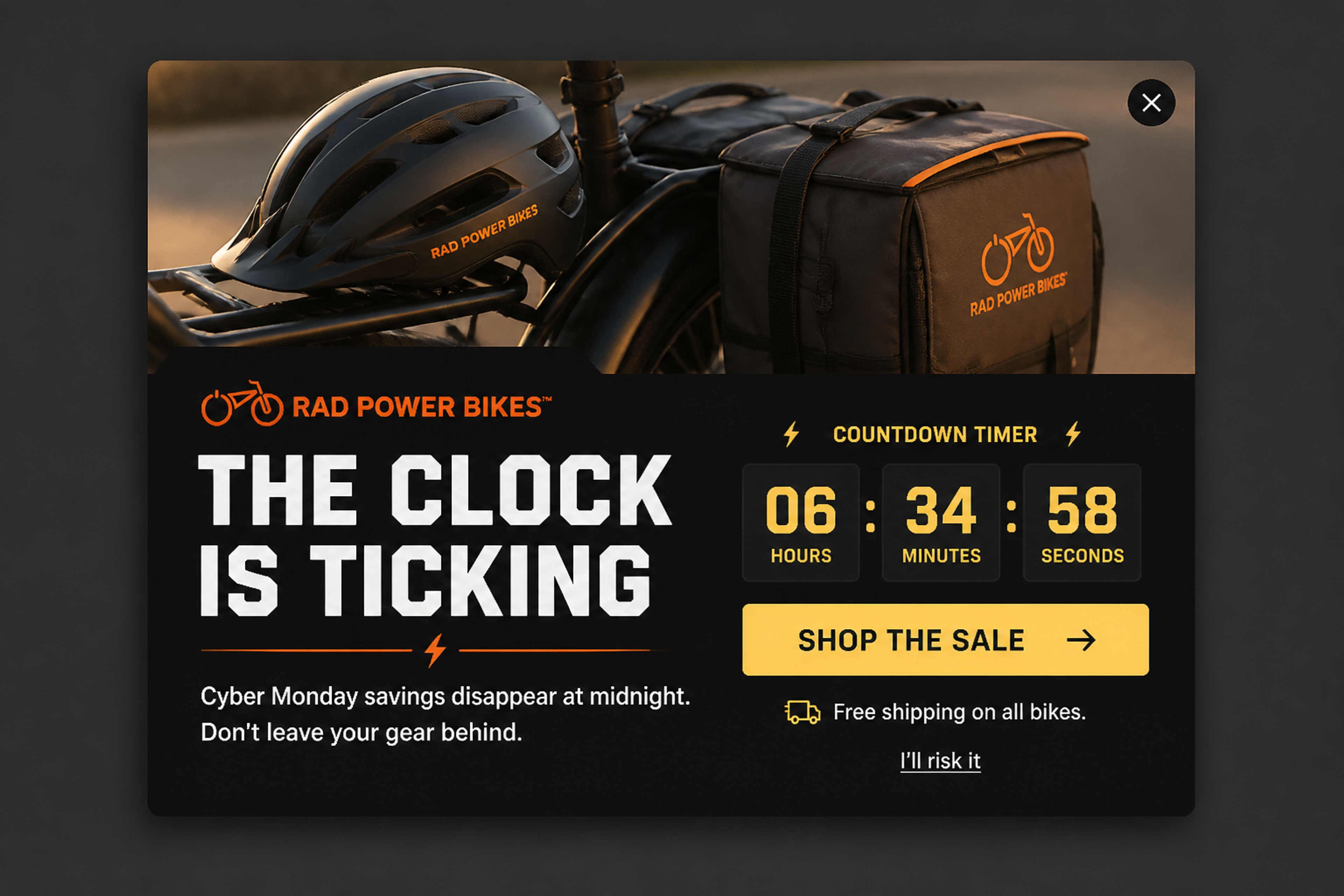 Cyber Monday popup with a countdown timer saying the sale ends at midnight