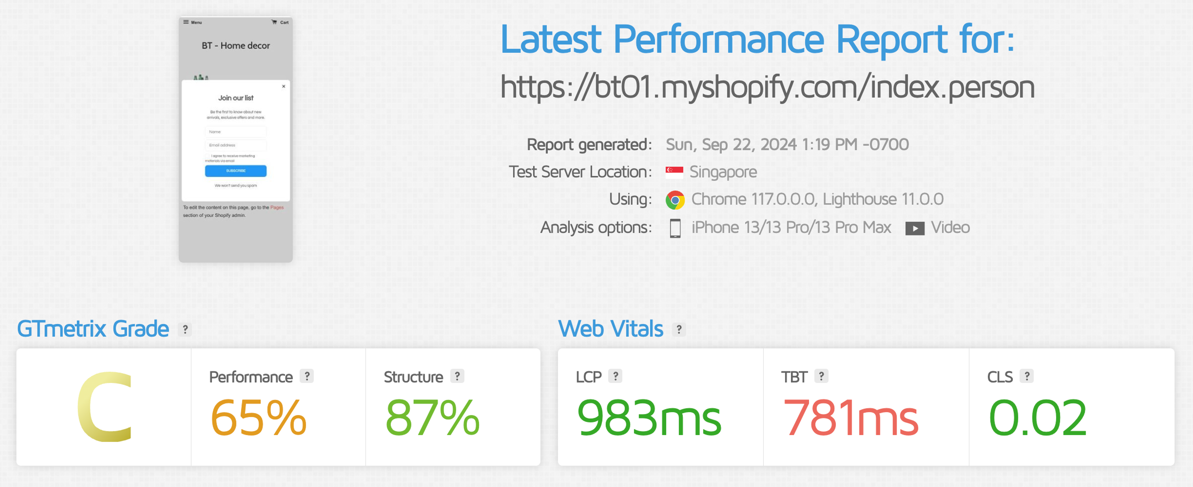 Personizely GTMetrix page speed results