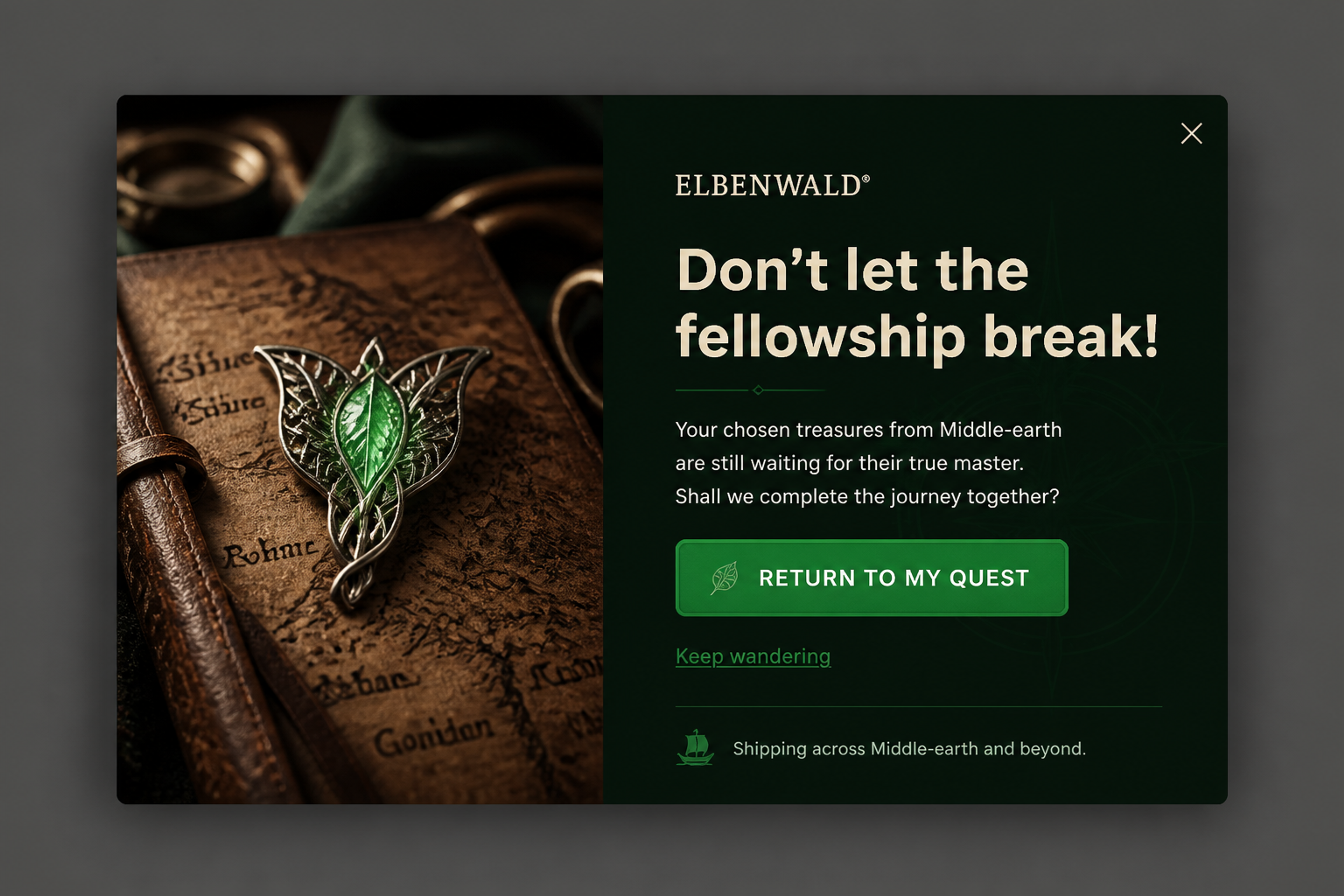 Fantasy-themed cart recovery popup designed for Elbenwald with a "Return to my quest" button and a "Keep wandering" link