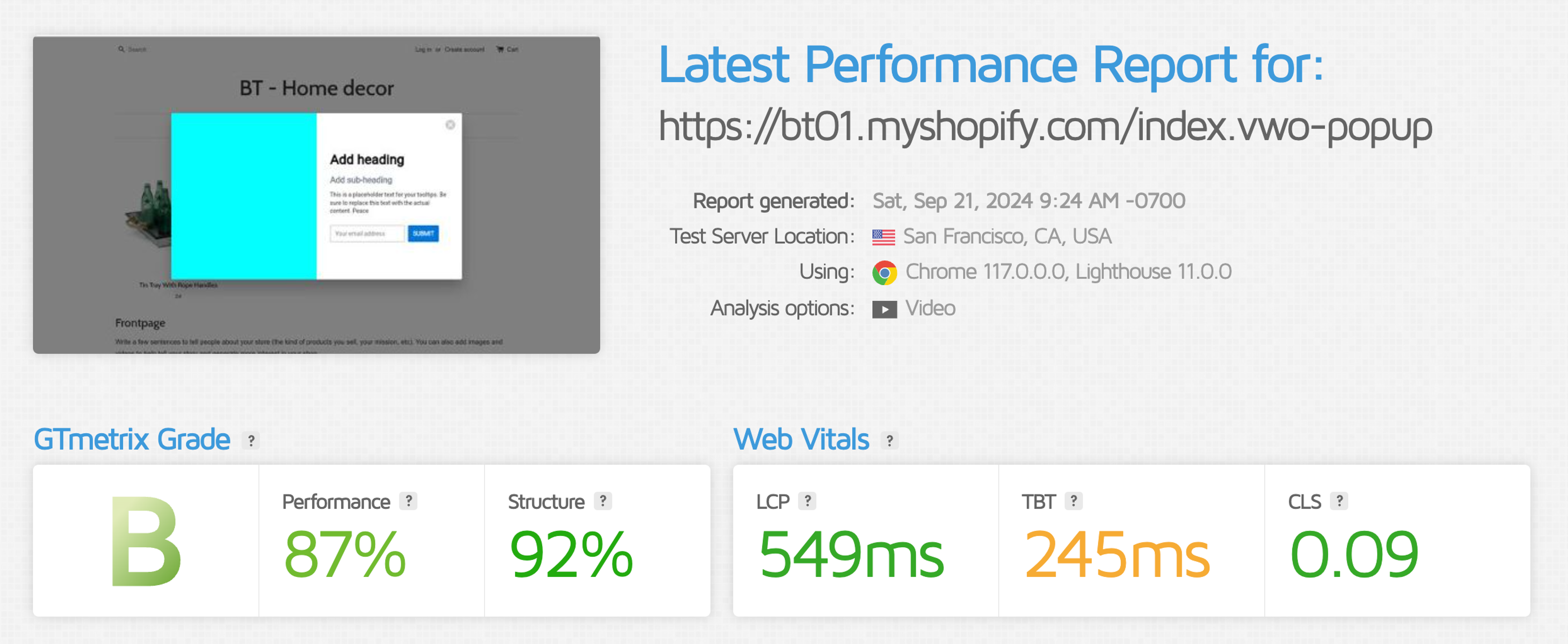 VWO GTMetrix page speed results