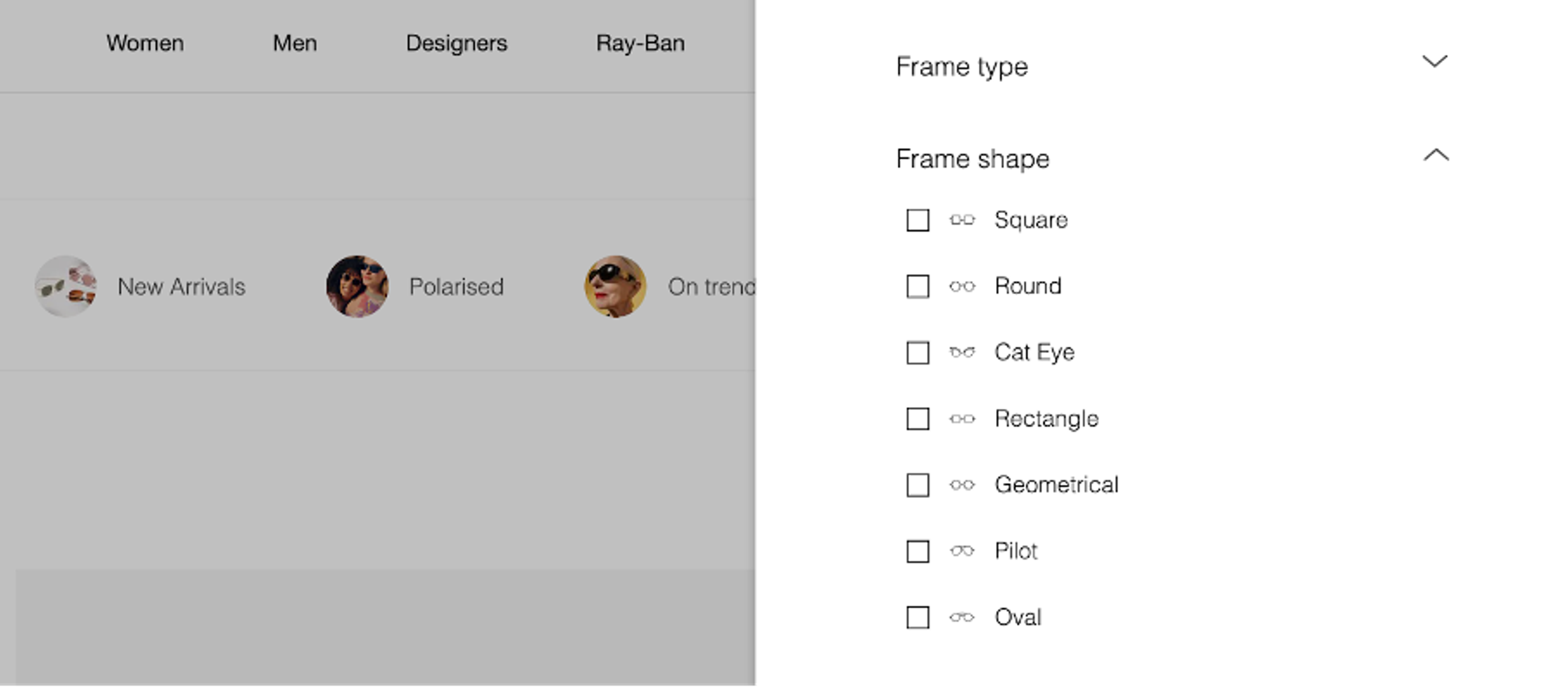 Faceted search on Sunglass Hut’s website