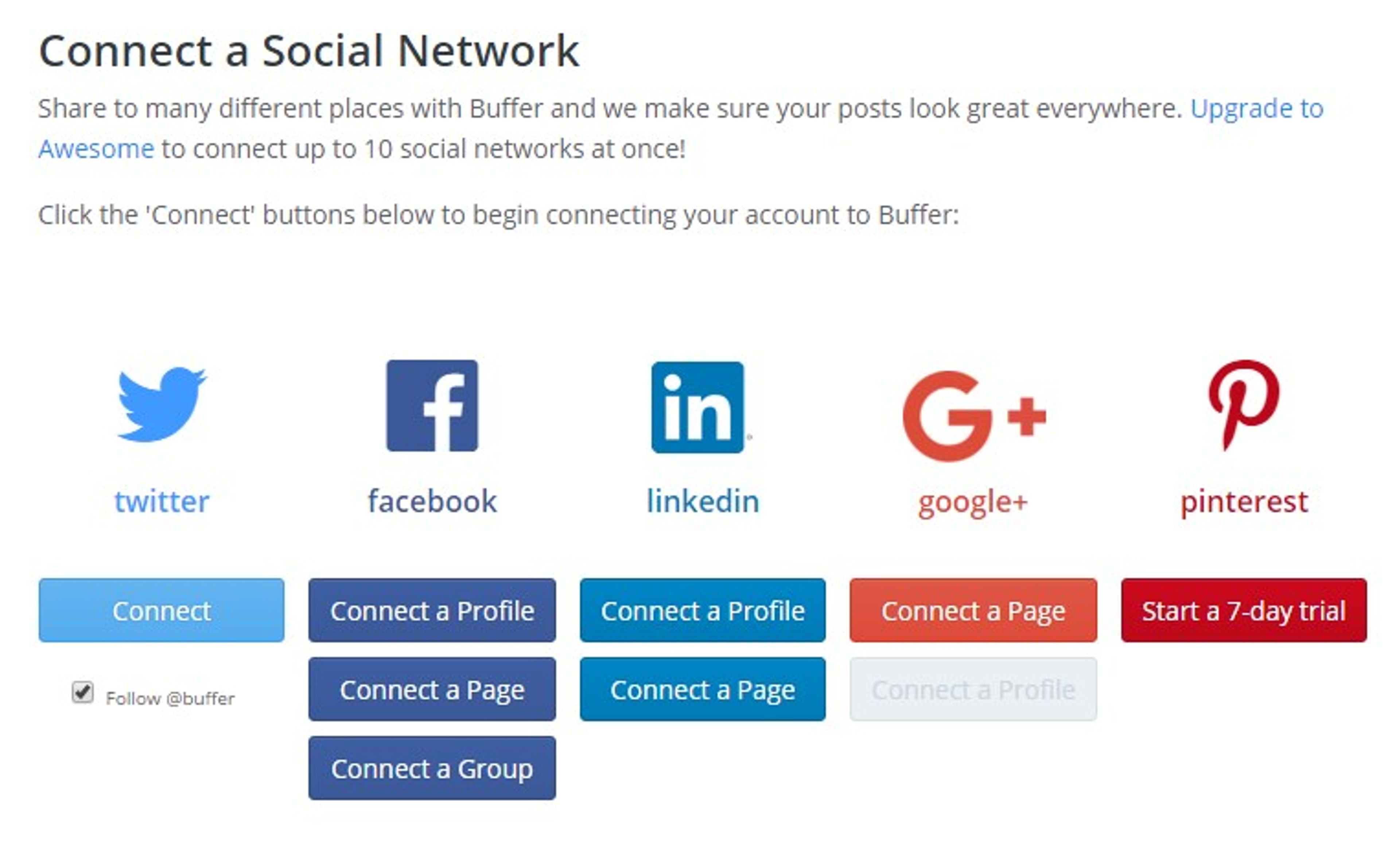 List of popular social media networks listed under the header ‘Connect a Social Network’