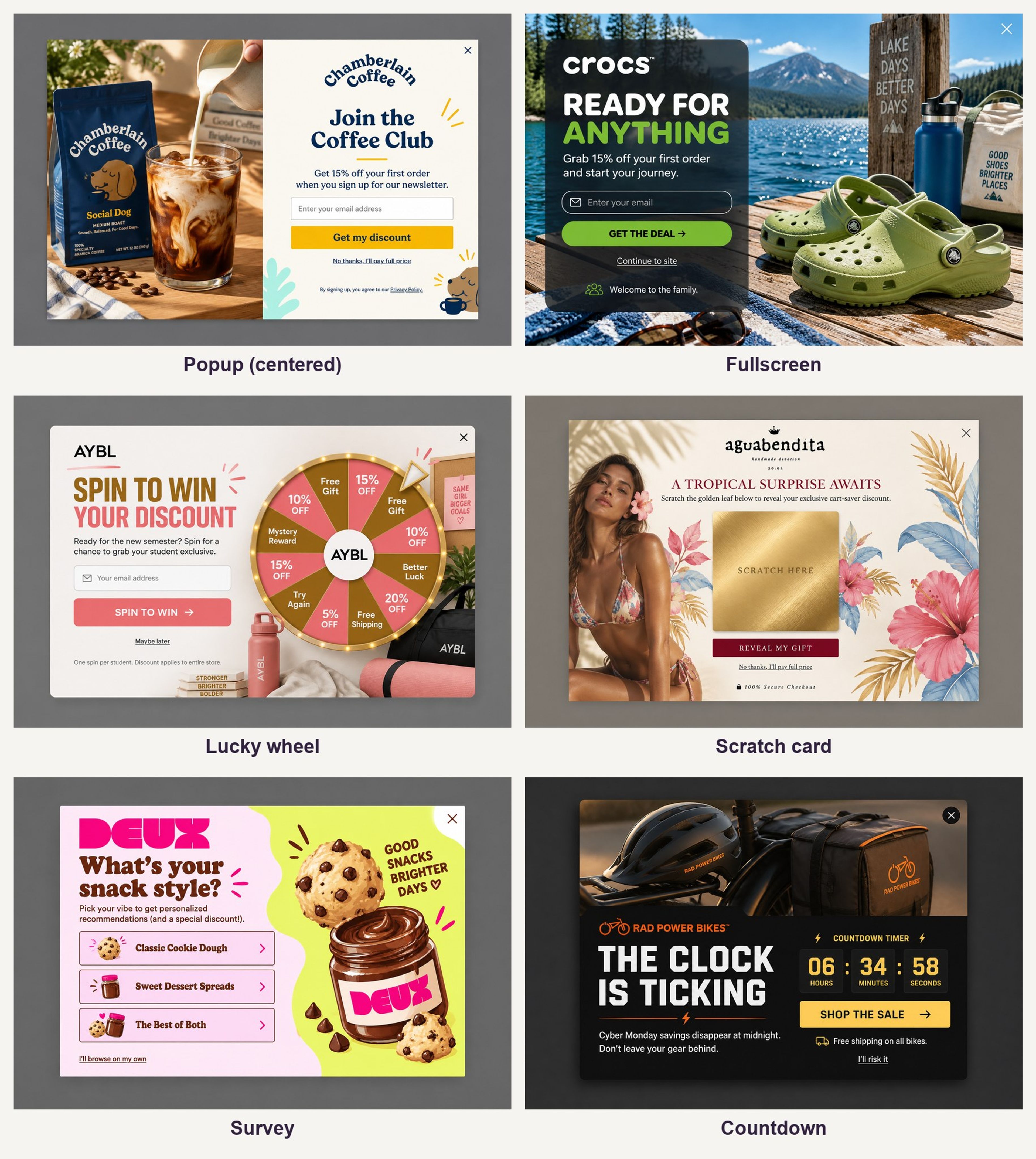 Six popup formats from the OptiMonk Popup Library: centered popup, fullscreen, lucky wheel, scratch card, survey and countdown