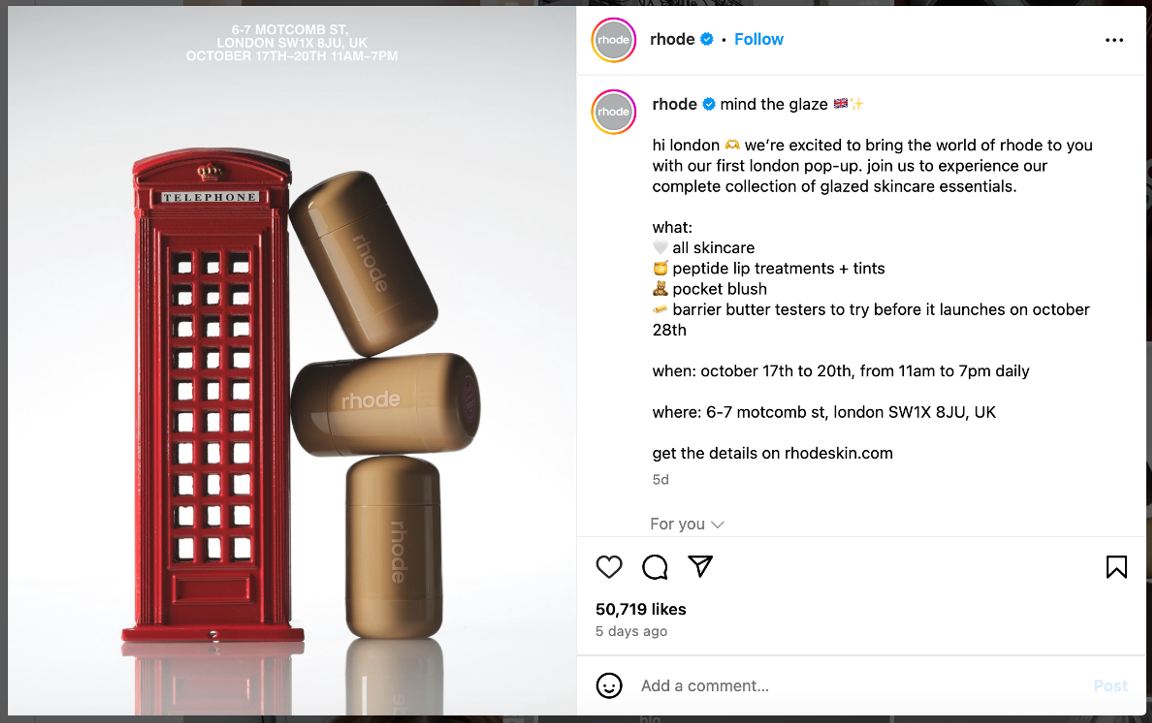 Rhode pop-up shop in London promo