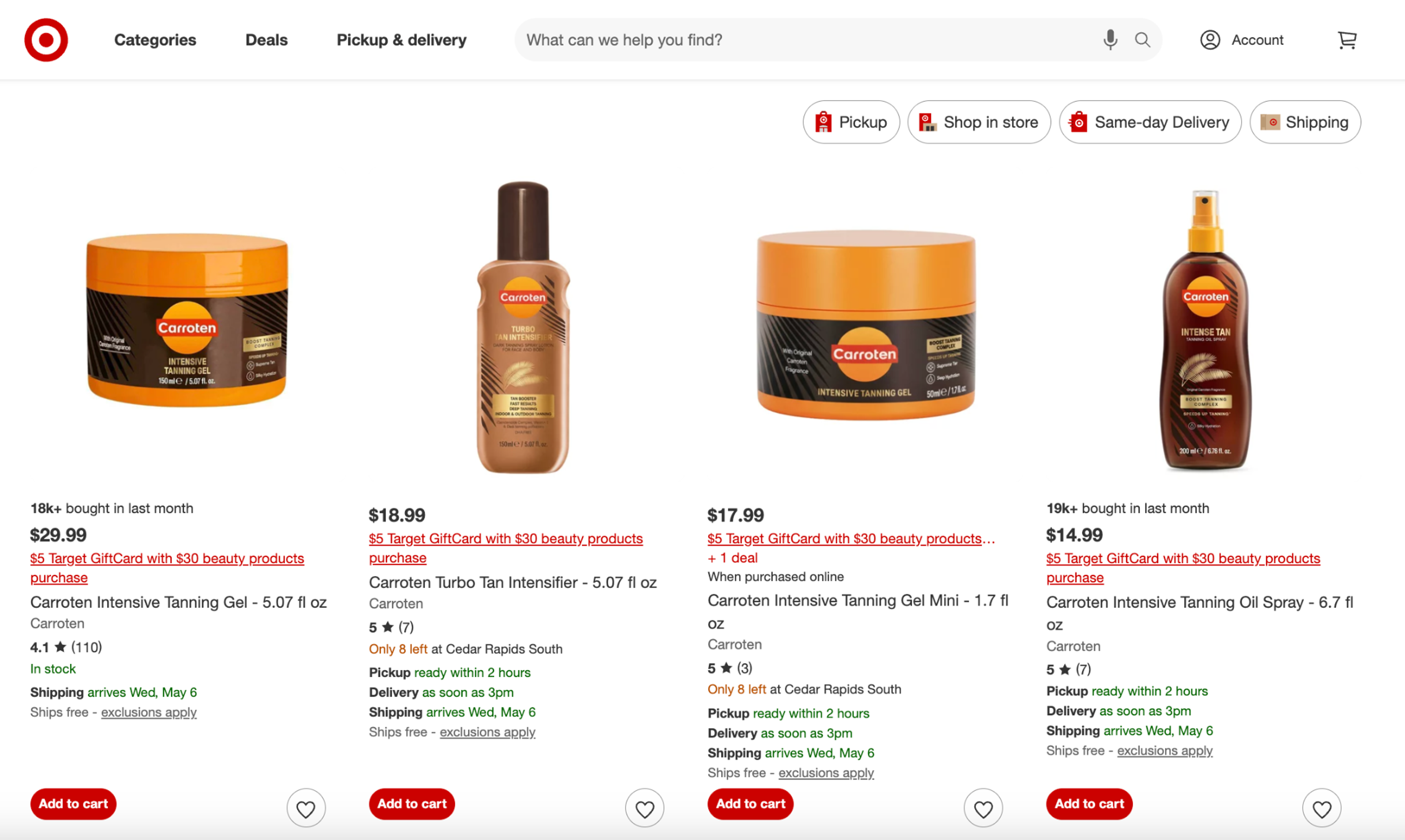 Carroten products on the Target website