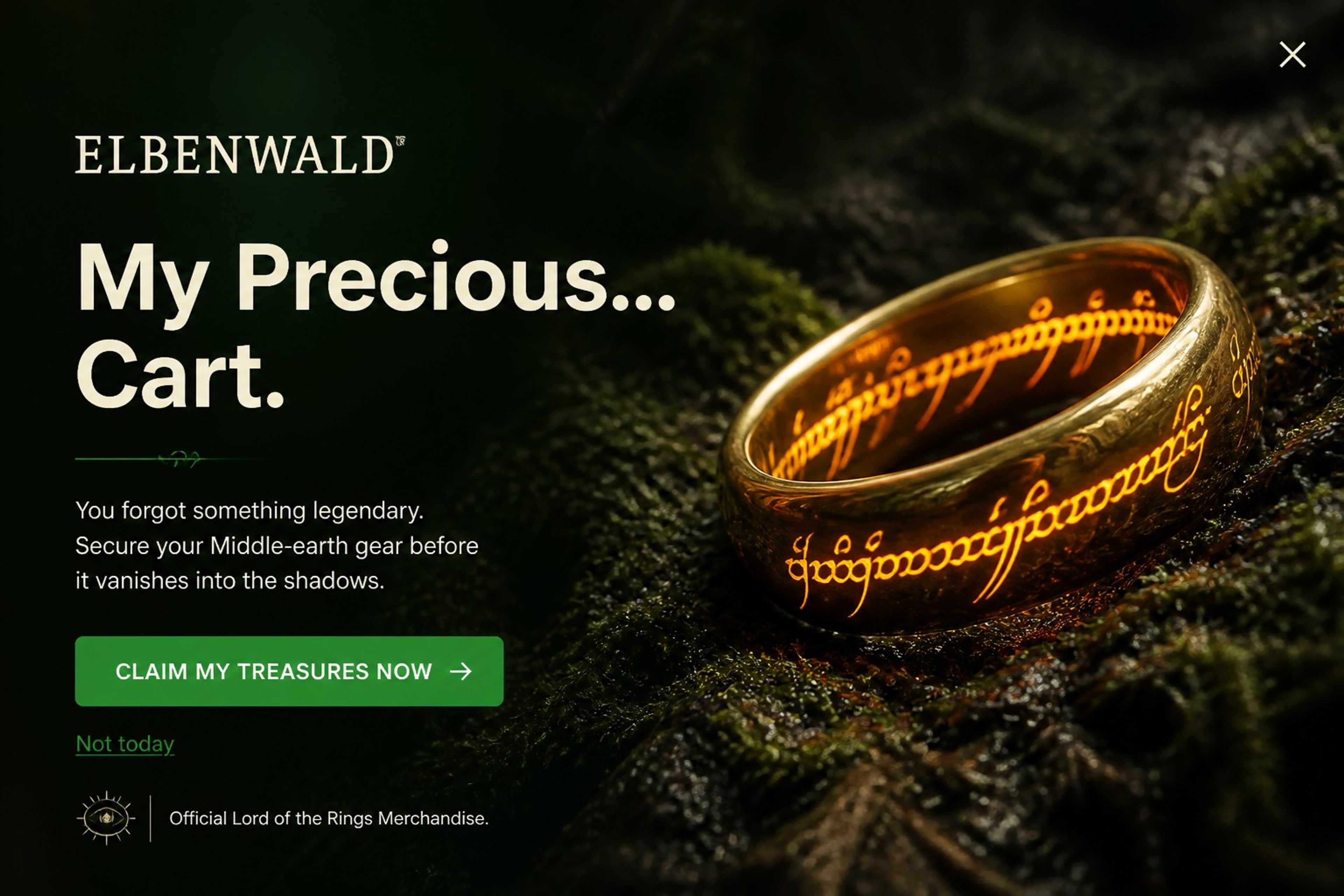Elbenwald fullscreen cart recovery popup with the headline My Precious... Cart