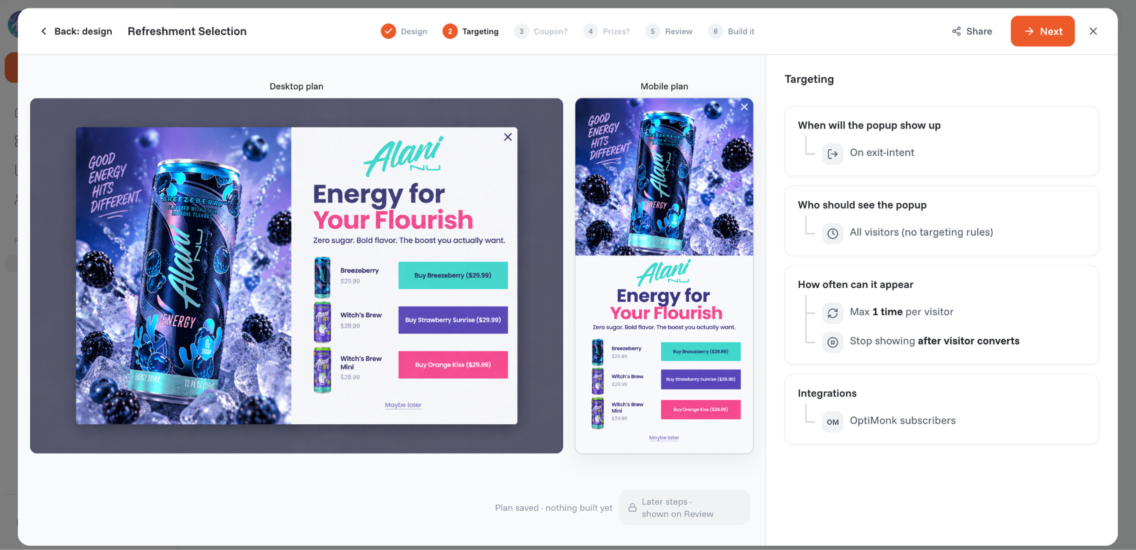 Targeting step for an Alani Nu product recommendation popup in OptiMonk, with the desktop and mobile versions, exit intent and once per visitor