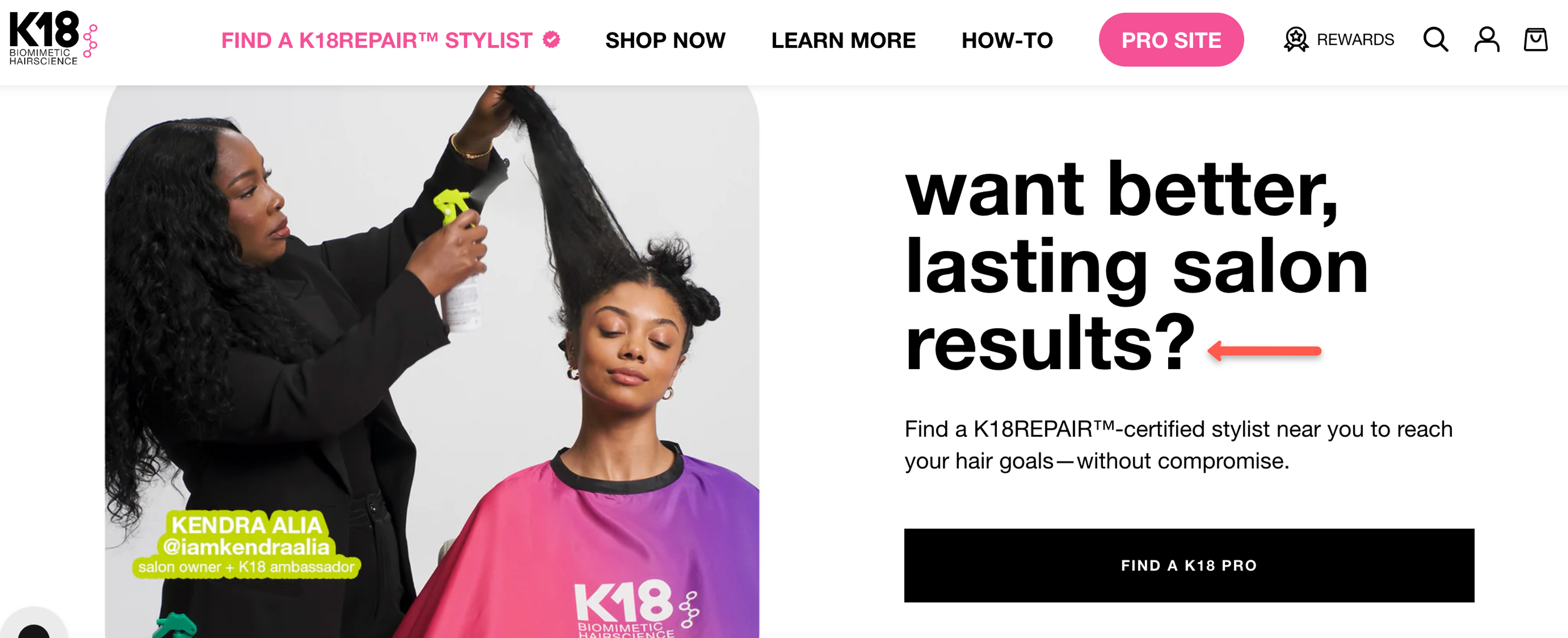K18 Hair website example using words that sell