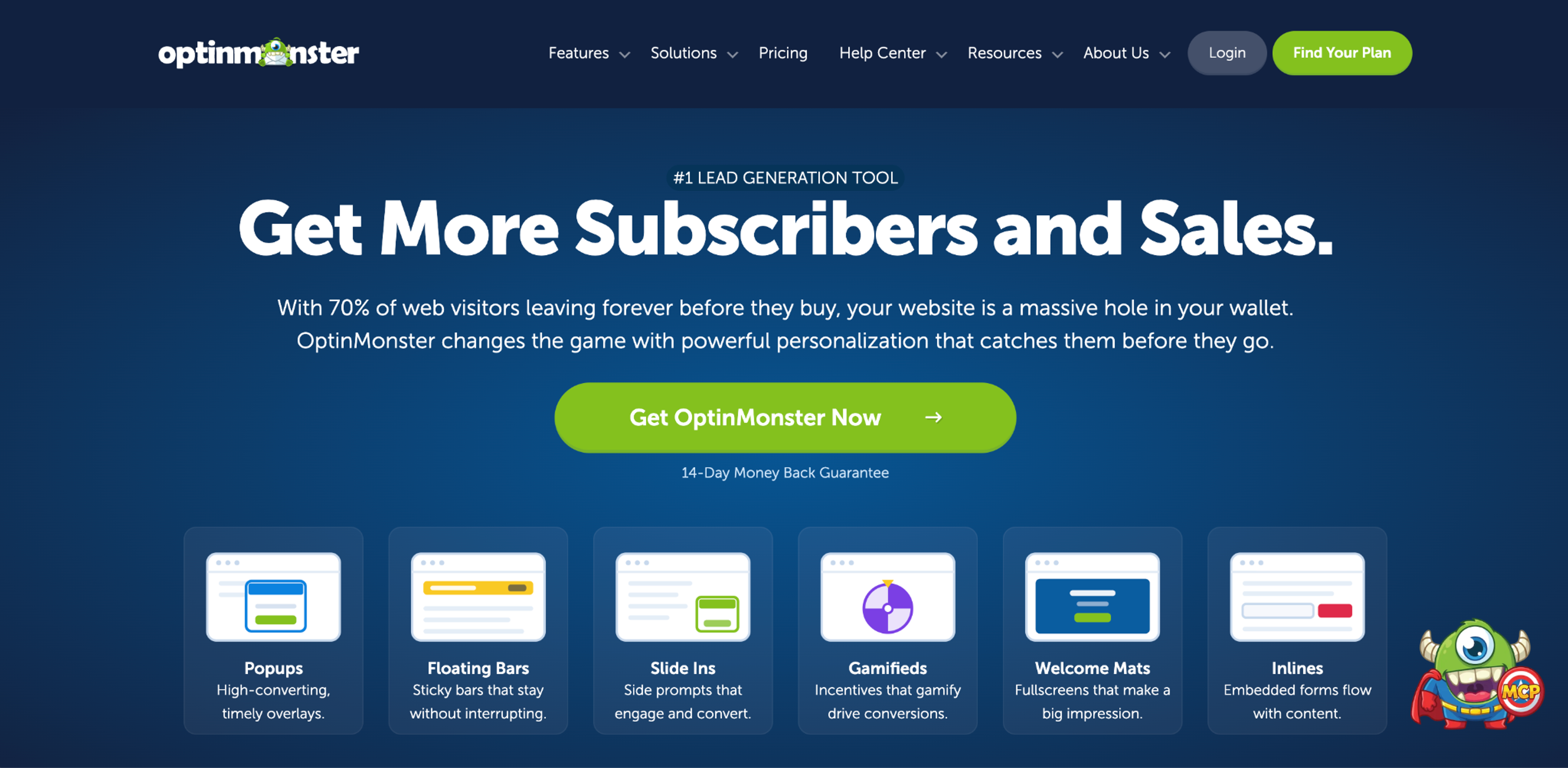 OptinMonster homepage showing its campaign types, including popups, floating bars and inline forms