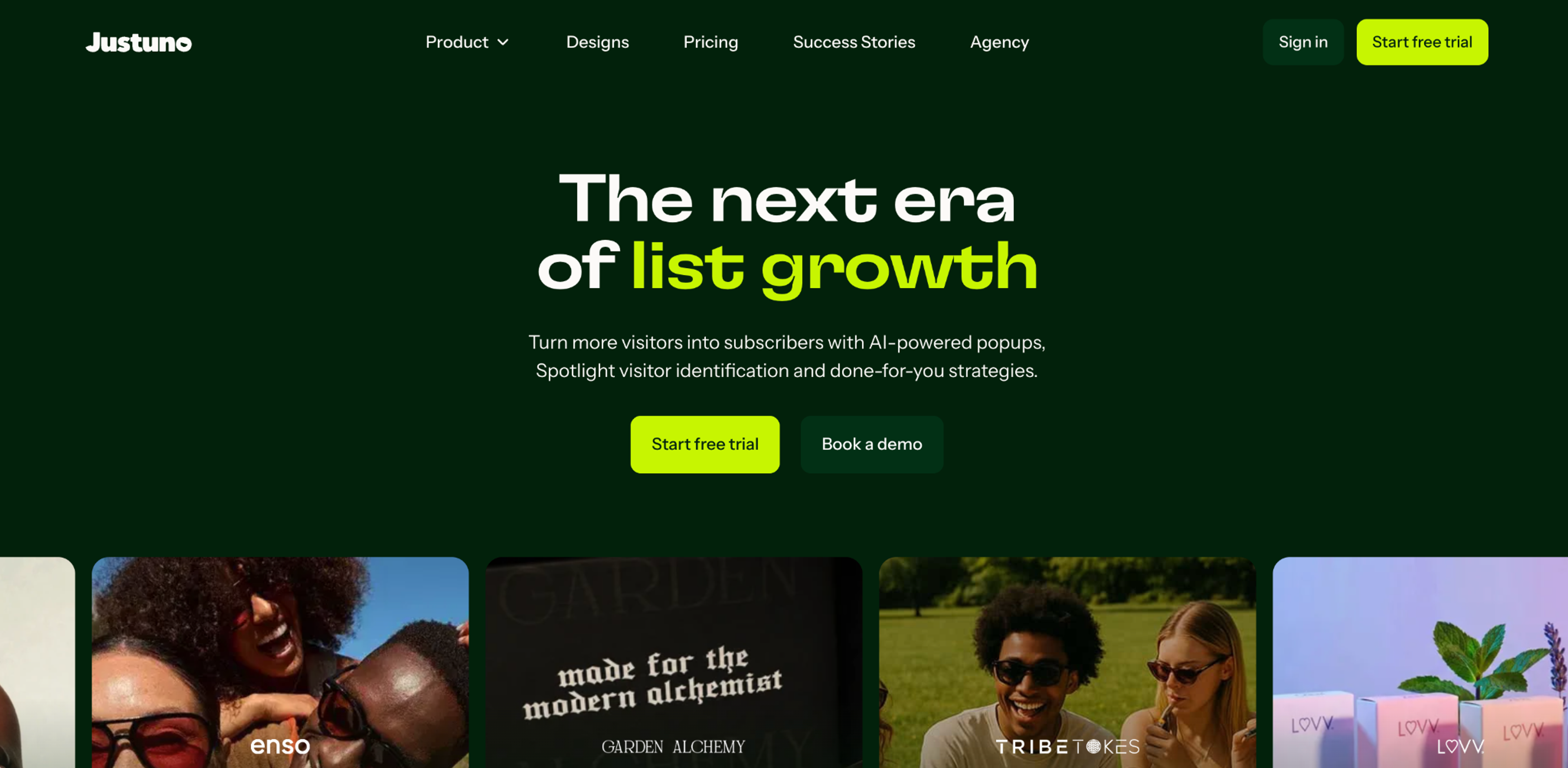 Justuno homepage about AI-powered popups and visitor identification for list growth