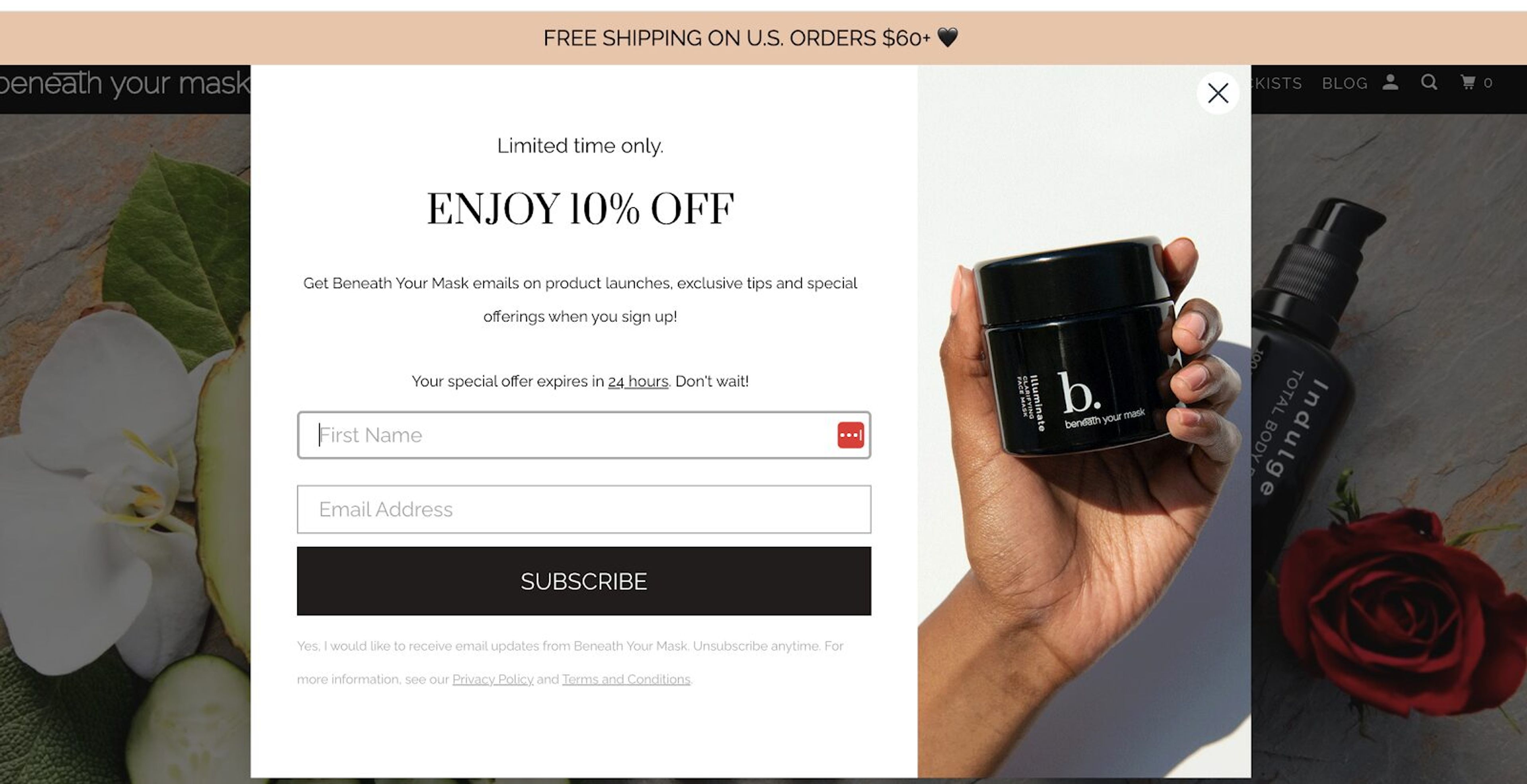 Limited-time 24-hour discount popup for you email marketing campaign urging immediate sign-ups.