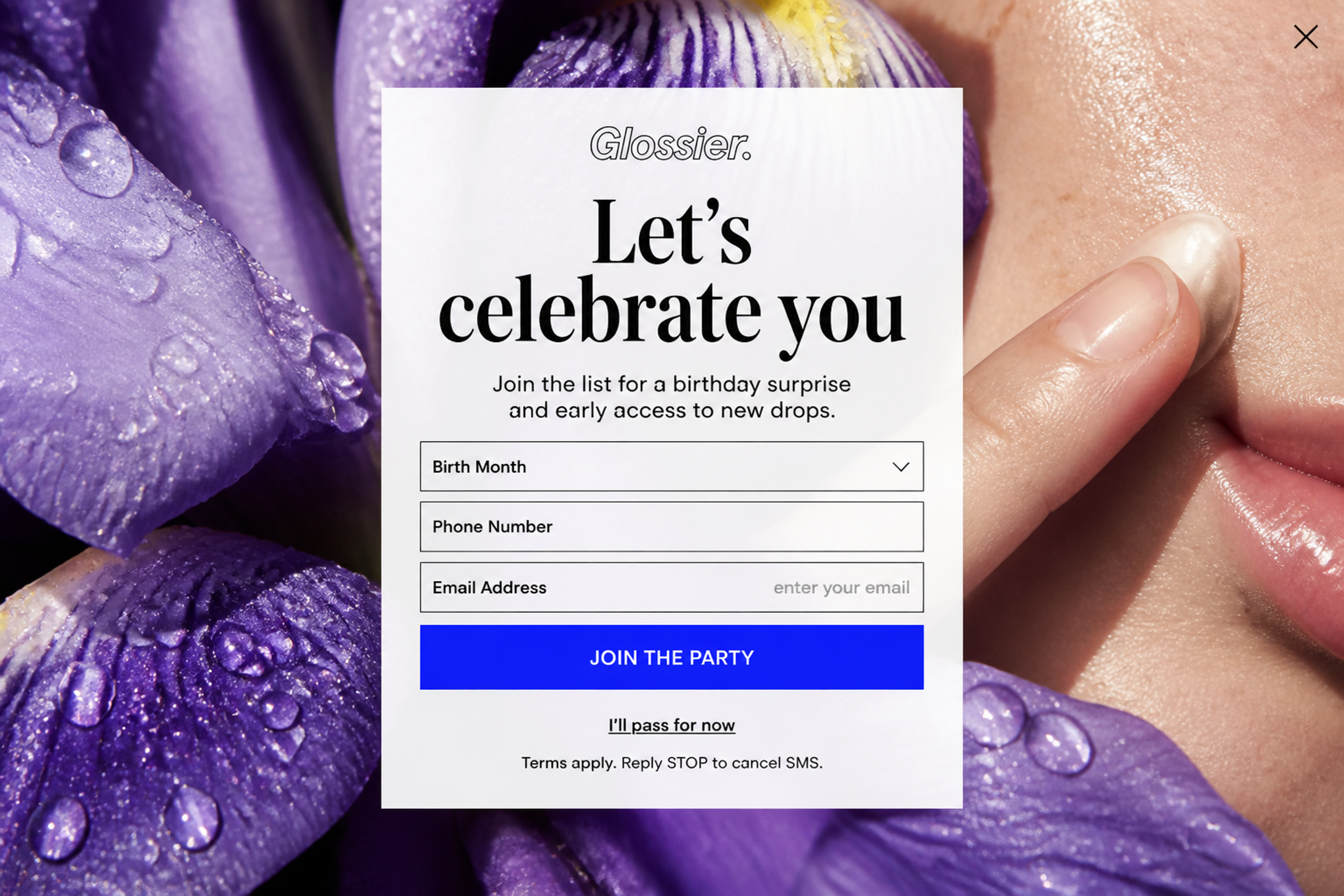 Fullscreen beauty popup with the headline "Let's celebrate you" and a birthday sign-up form