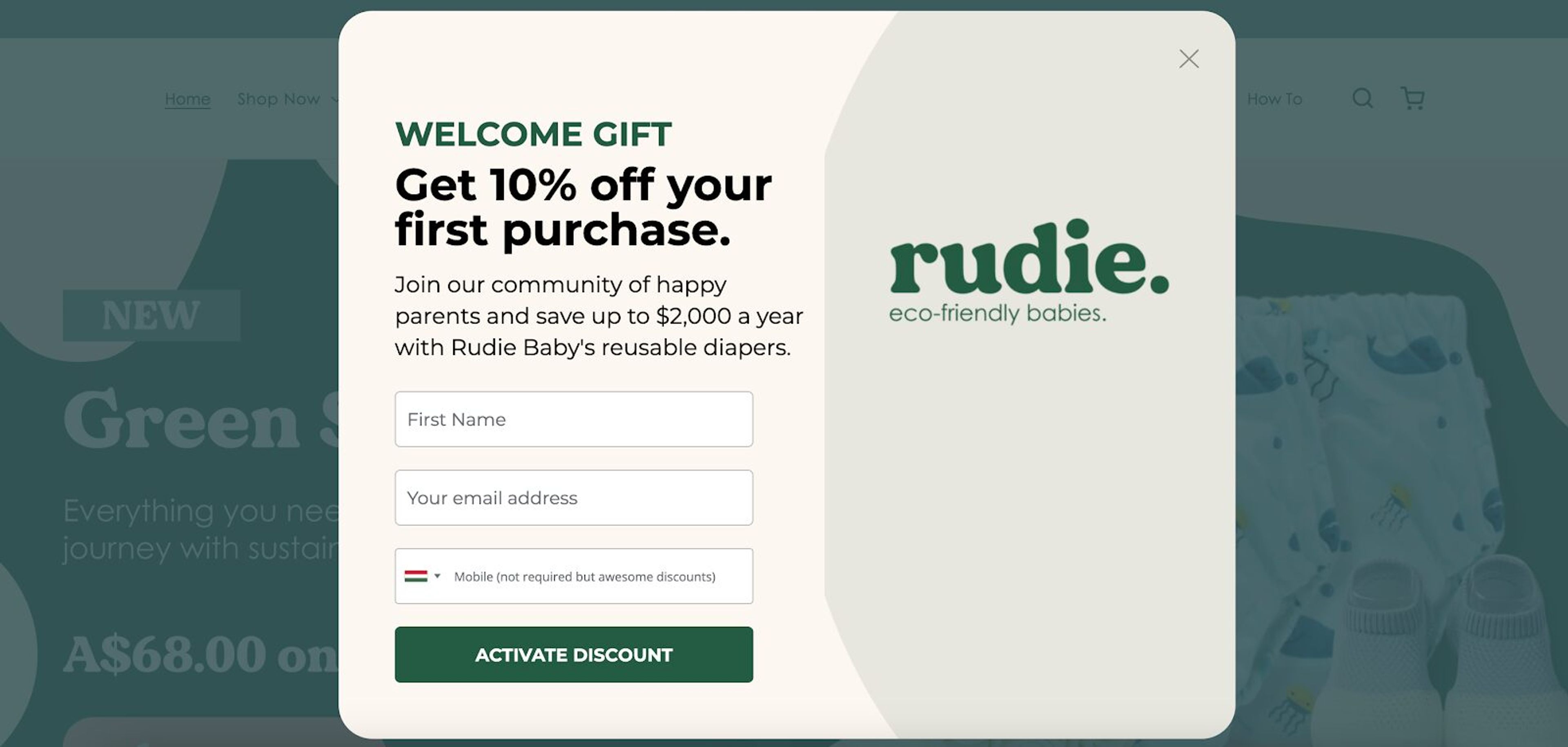 Rudie effectively promote their 10% off on a welcome popup.