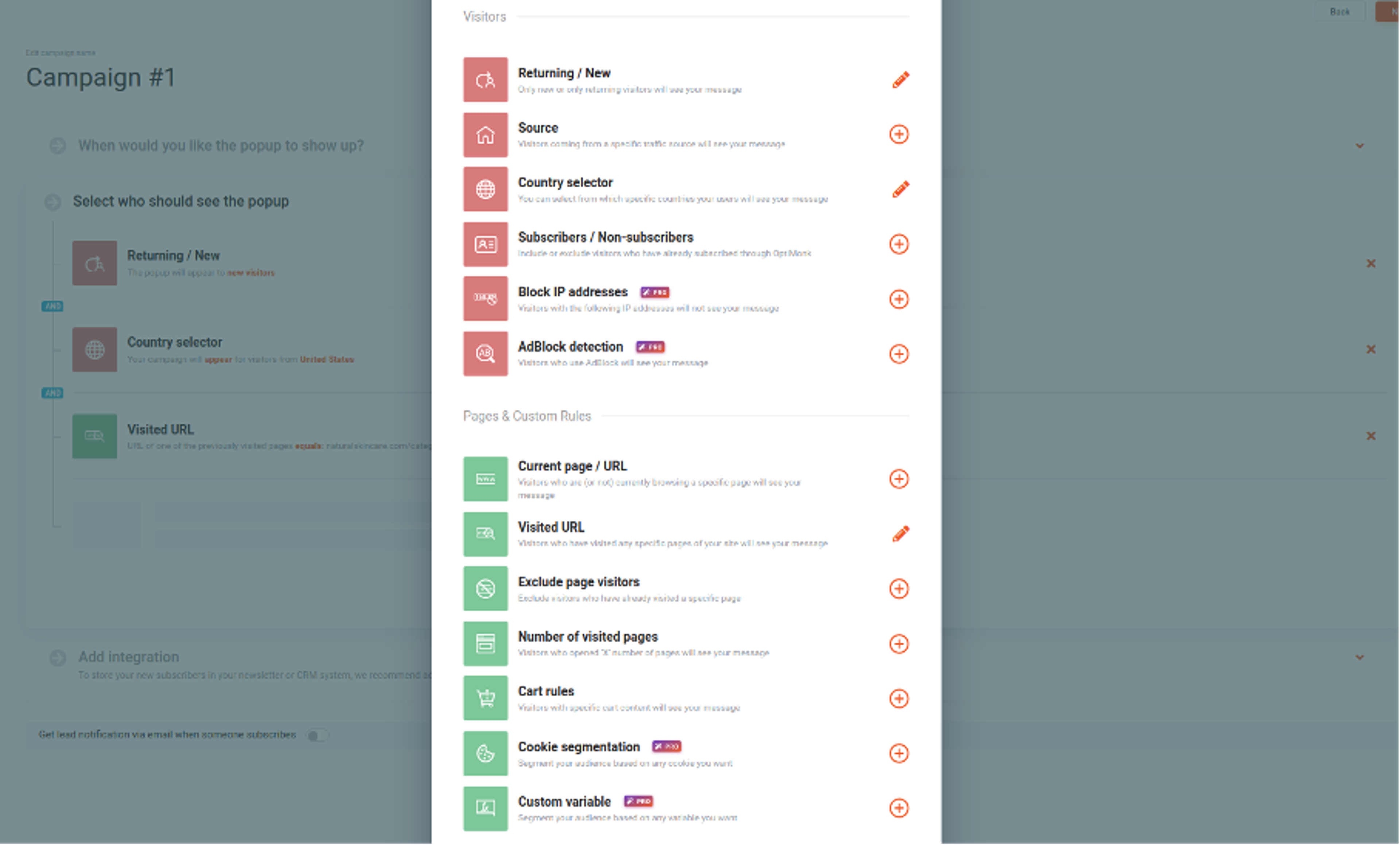 OptiMonk’s campaign targeting options