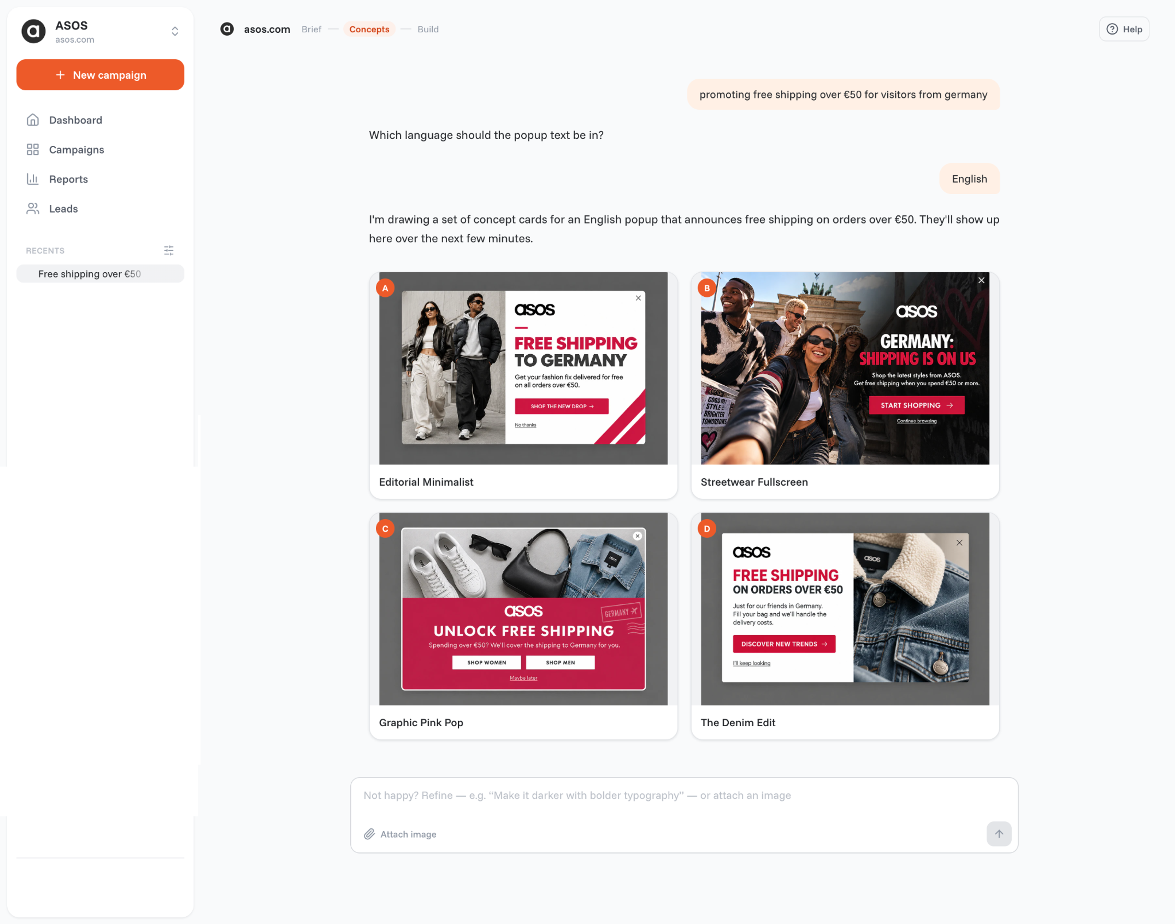 OptiMonk agent turning a one-sentence prompt into four ASOS popup concepts for free shipping over €50