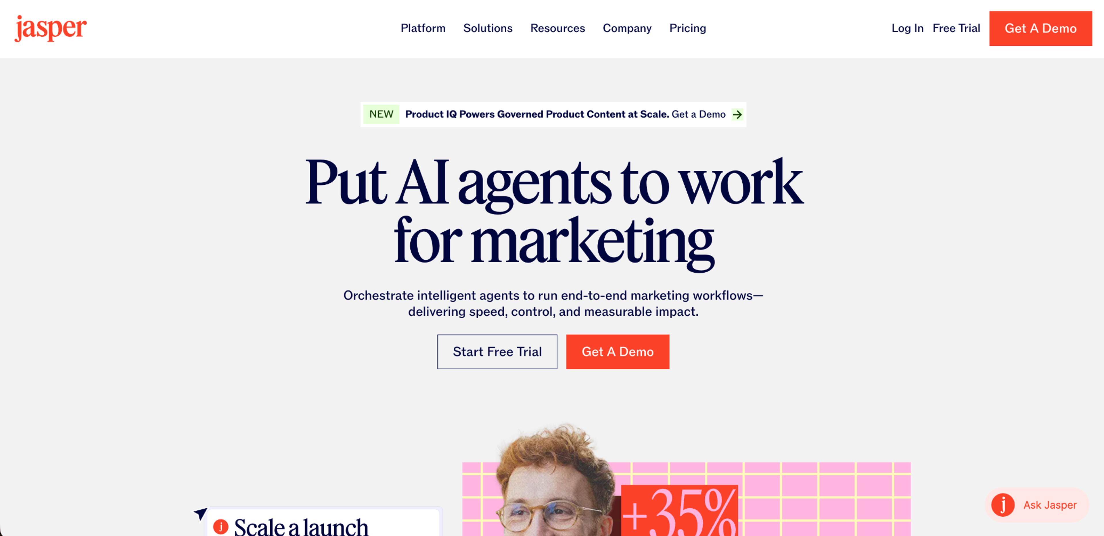 Jasper homepage: AI agents for marketing teams