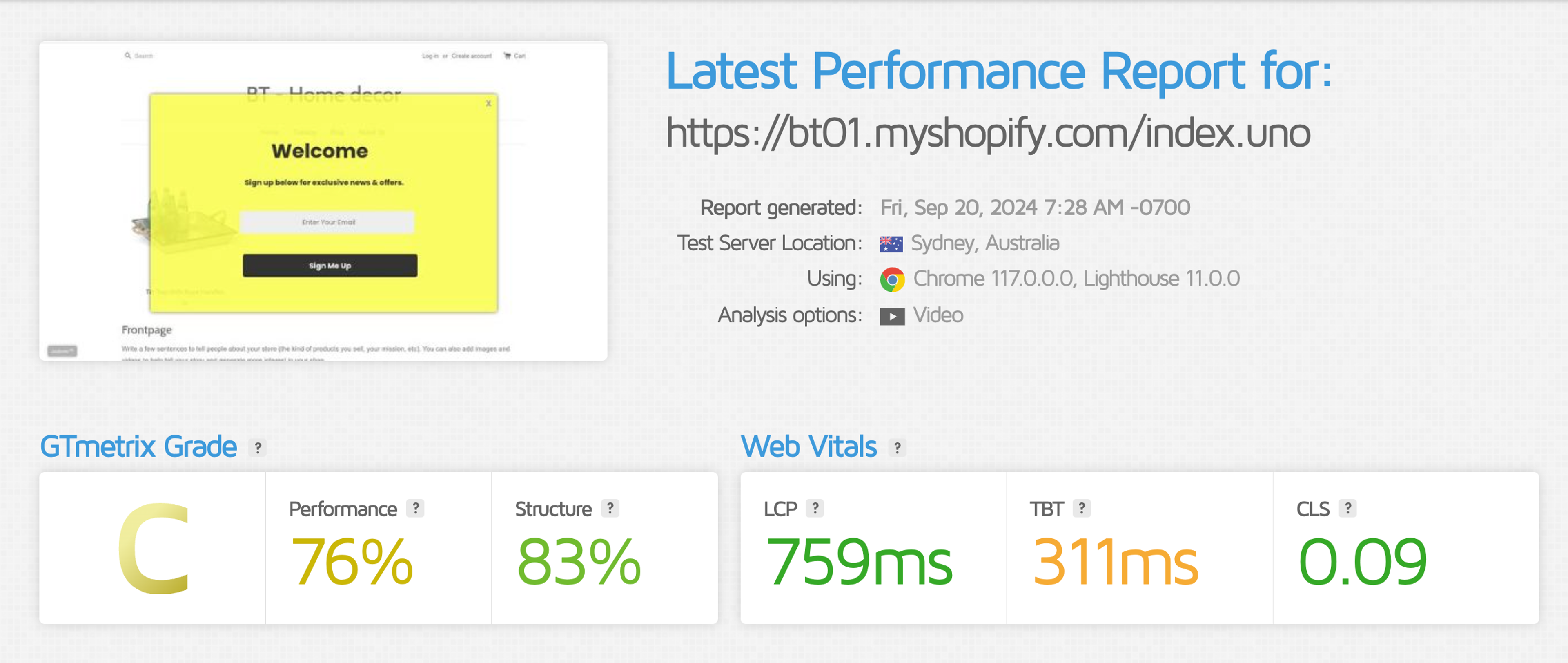 Justuno GTMetrix page speed results