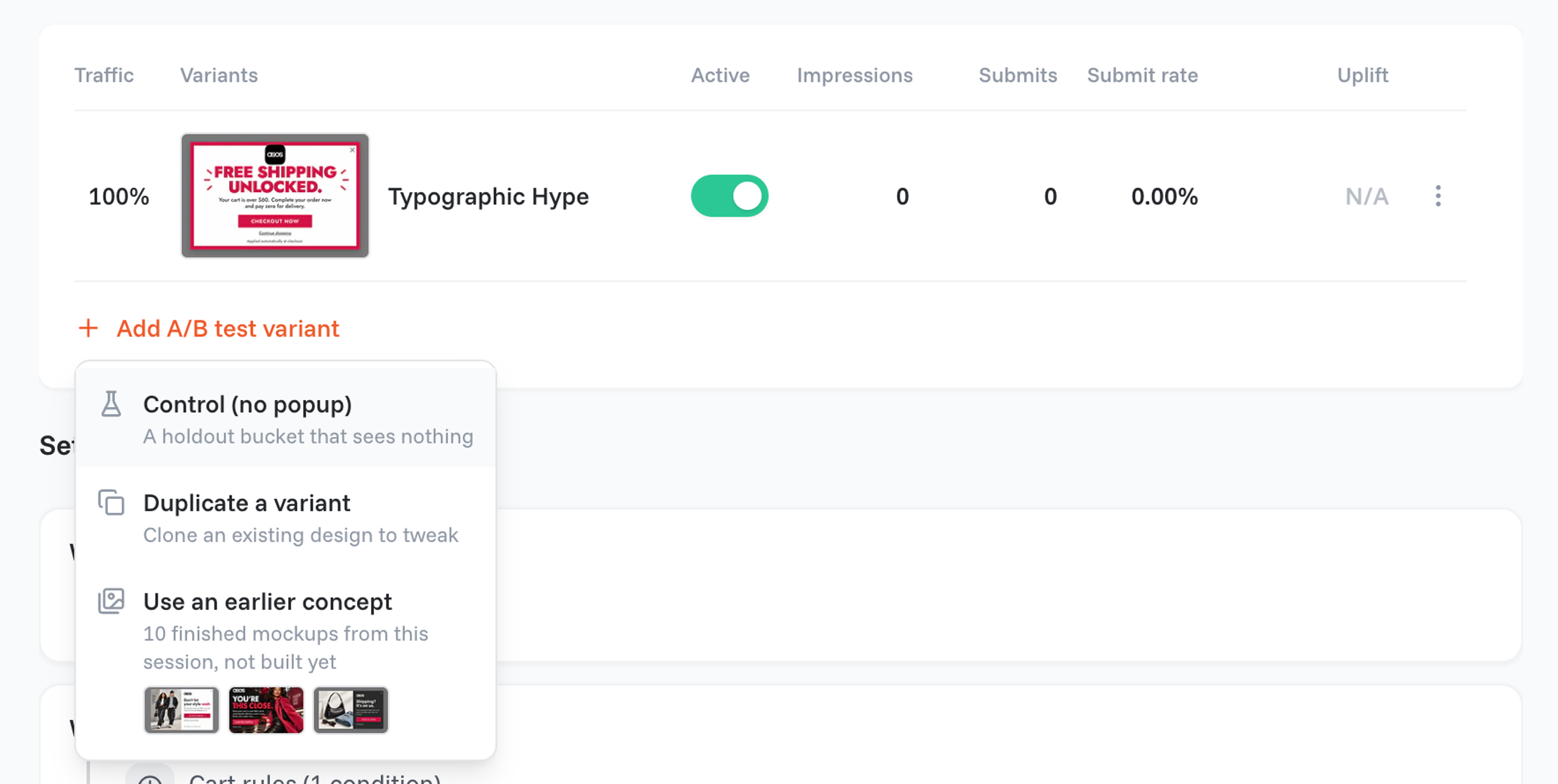 OptiMonk campaign variants table with the Add A/B test variant menu open, showing the Control (no popup) holdout option