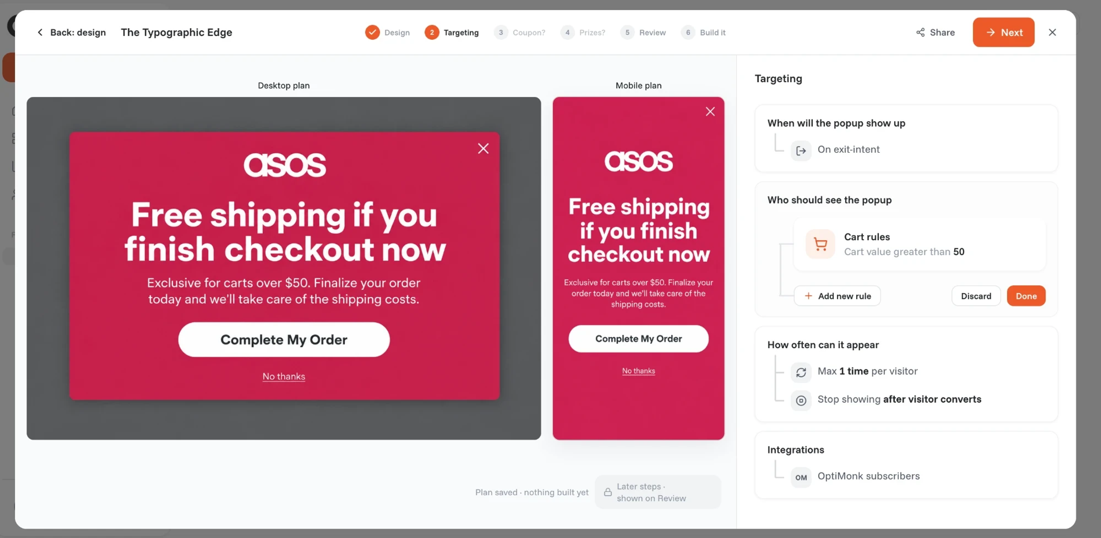 OptiMonk targeting set by the agent: on exit intent, cart value greater than 50, max one time per visitor, desktop and mobile versions