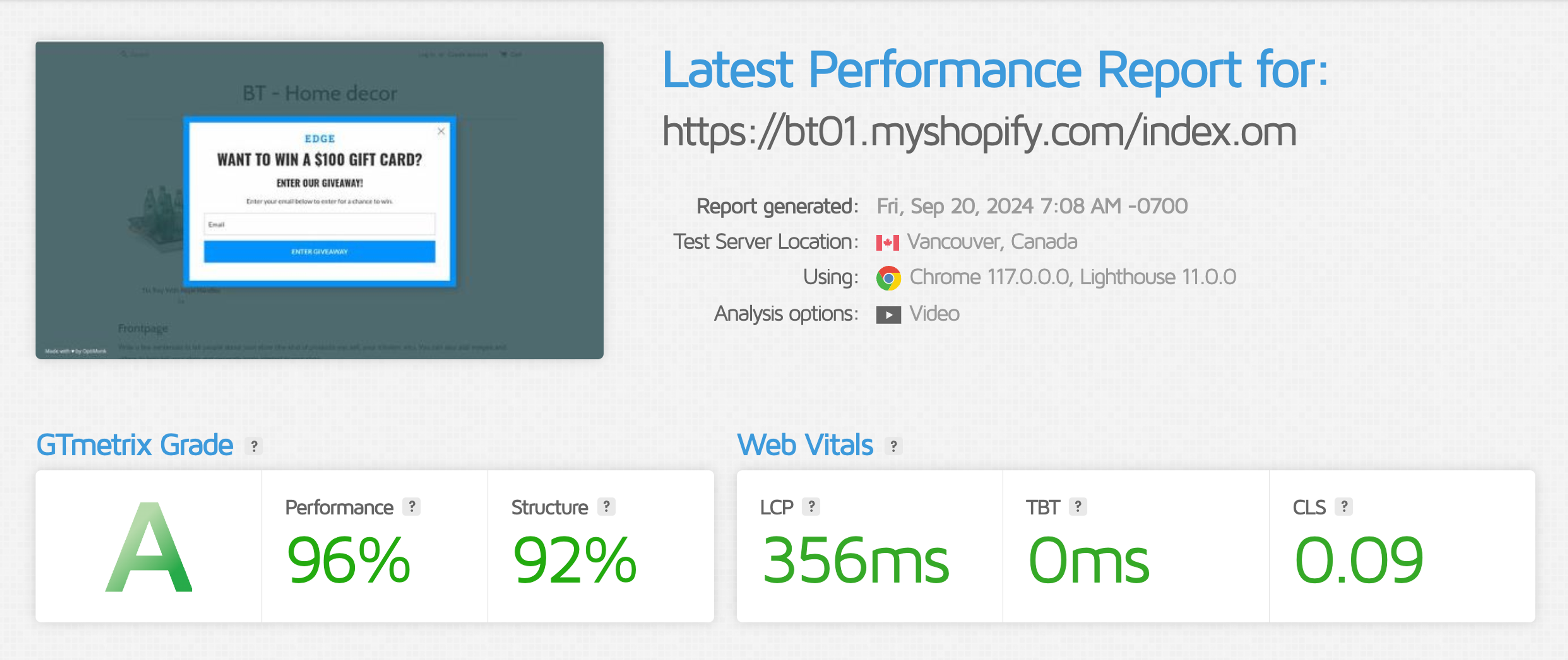 OptiMonk GTMetrix page speed results