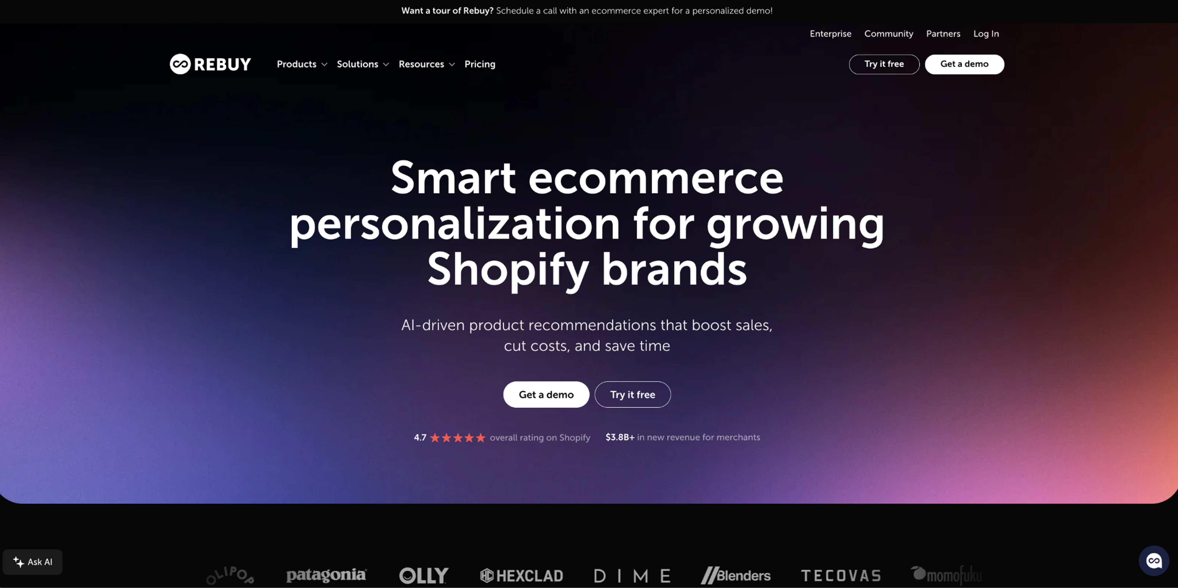 Rebuy homepage about AI-driven product recommendations for Shopify brands