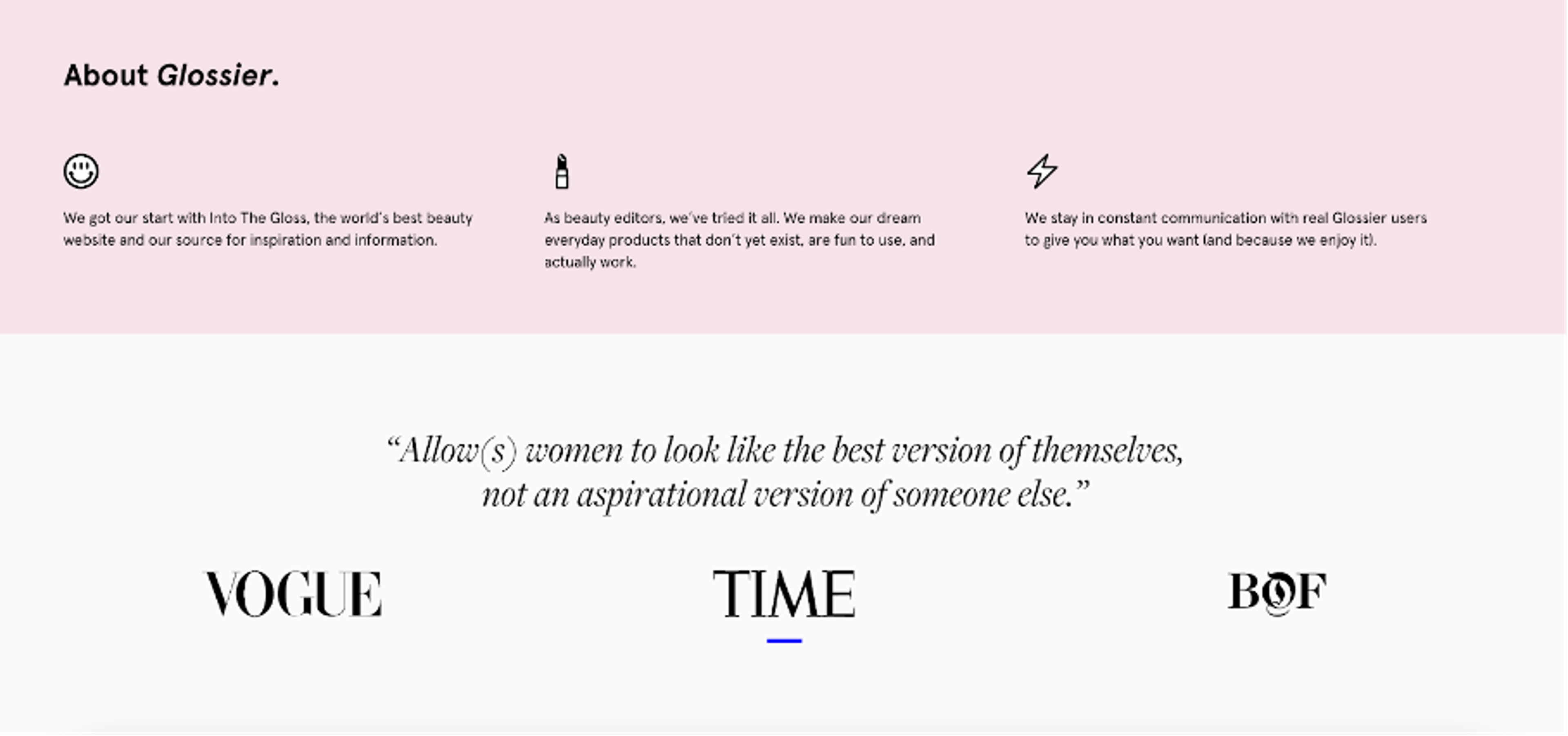 Glossier's website using their branded pink color