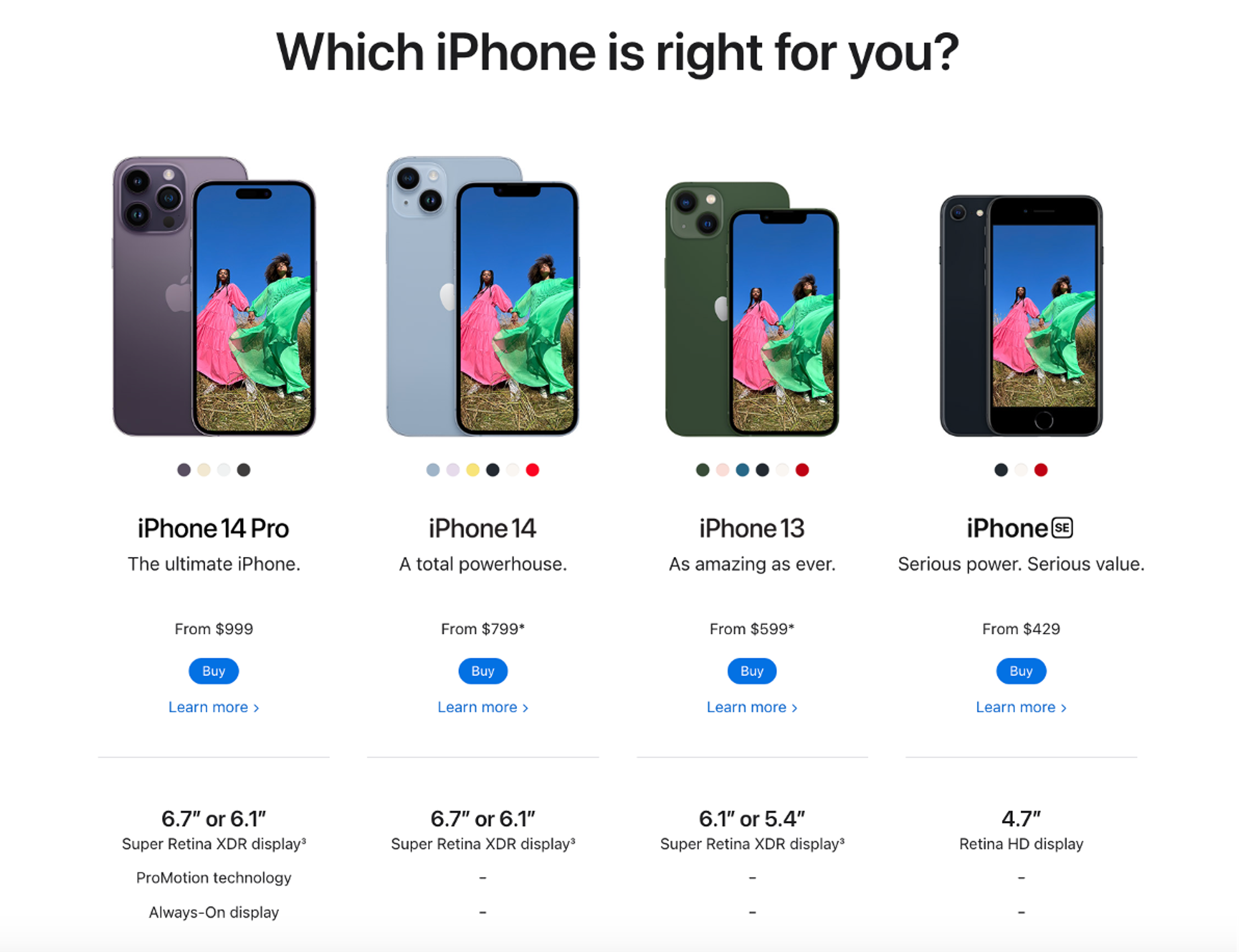 Apple category page with product comparison
