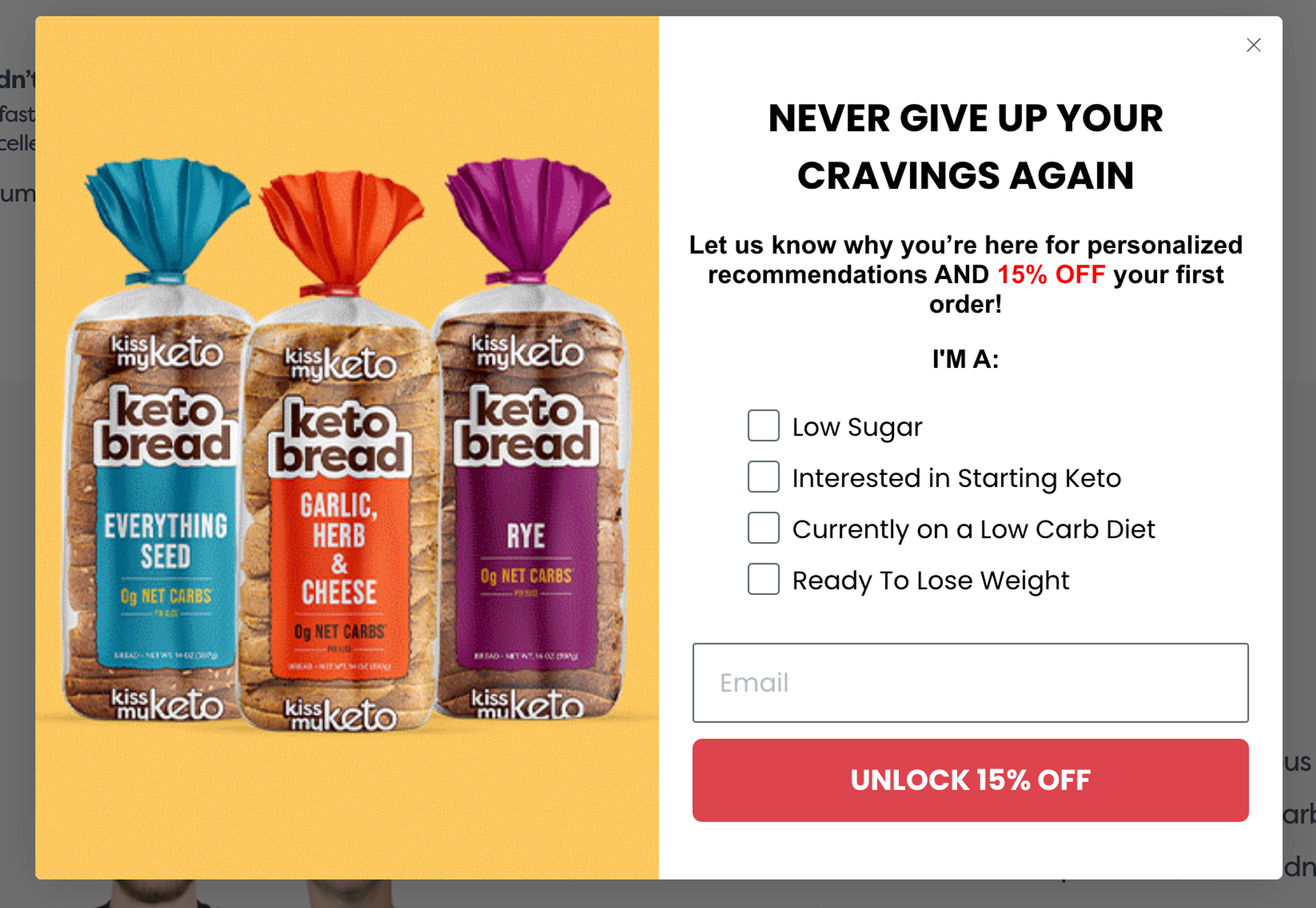 Kiss My Keto newsletter sign-up forms pop-up