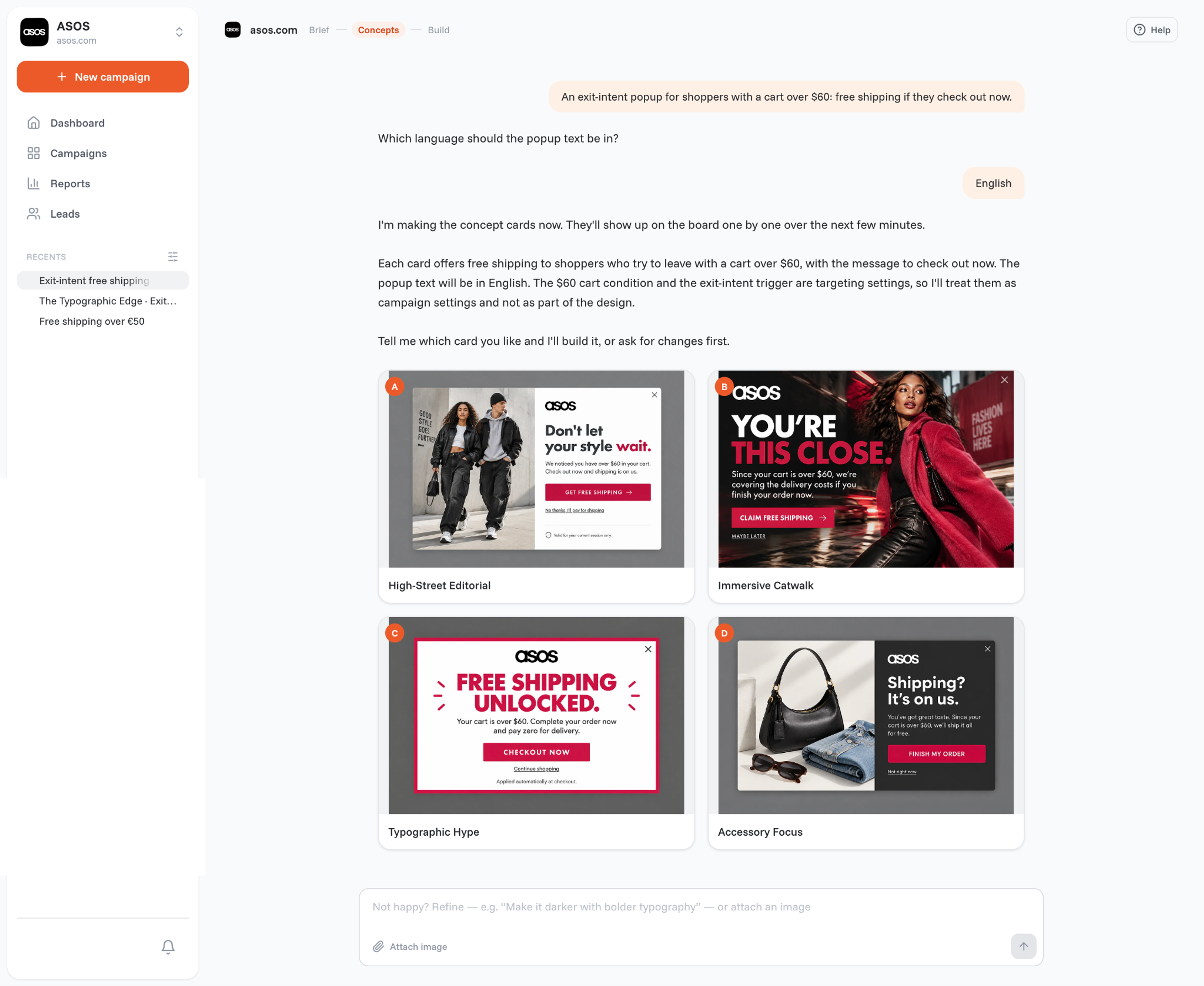 OptiMonk agent chat showing four exit-intent free shipping popup concepts designed for ASOS, each with its own button text and exit line