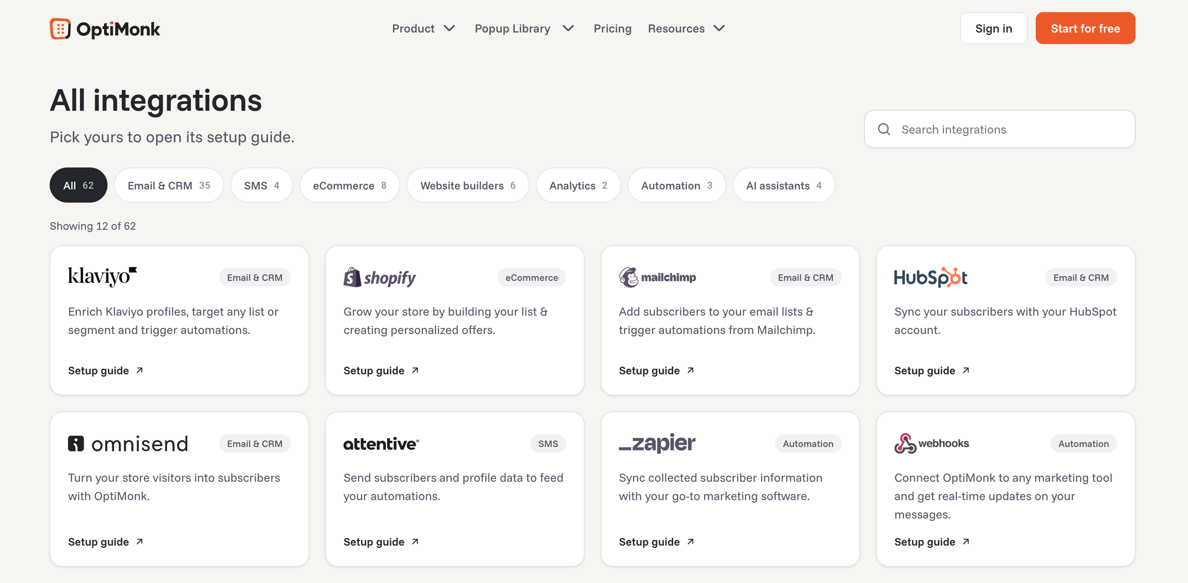 Some of OptiMonk's 62 integrations
