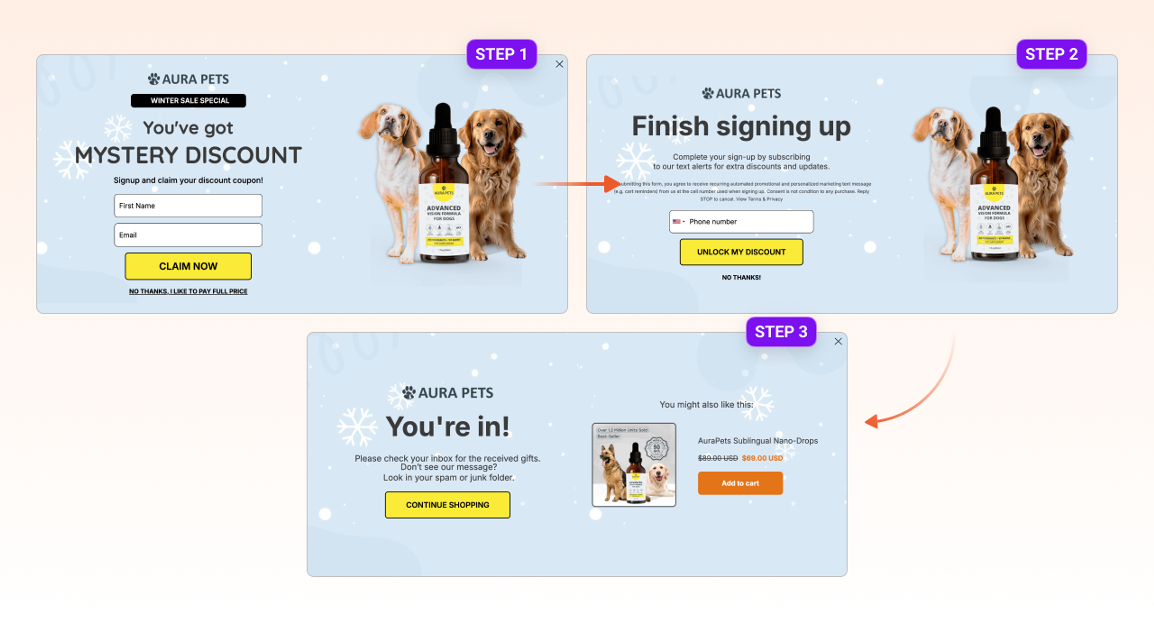 Aura Pet's is avoing popup mistakes by dividing their popup into multiple popups.