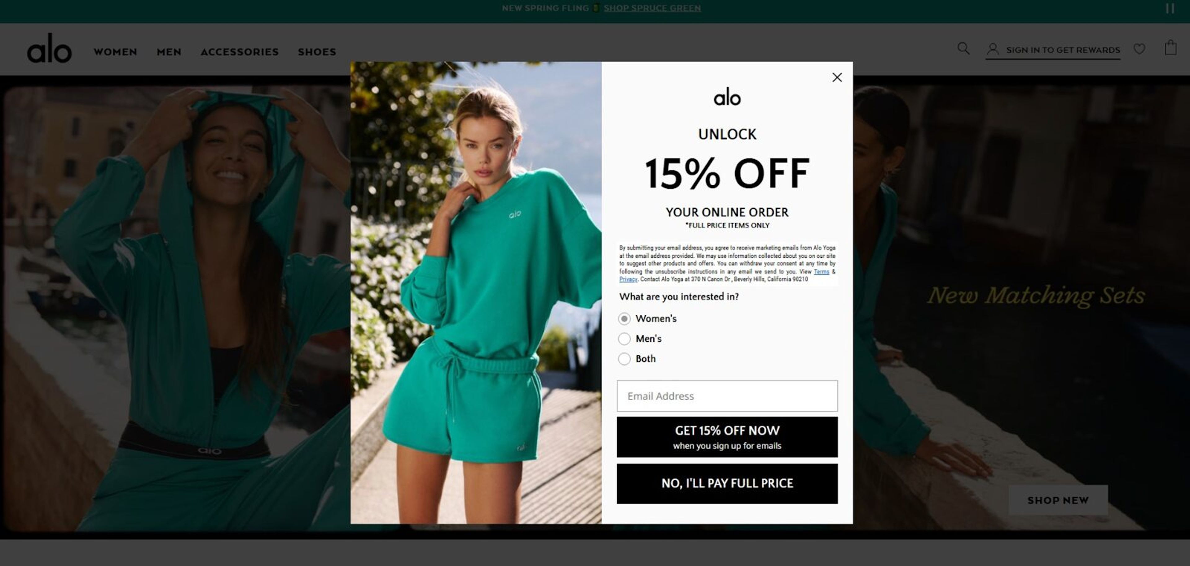 Alo Yoga's segmentation popup campaign