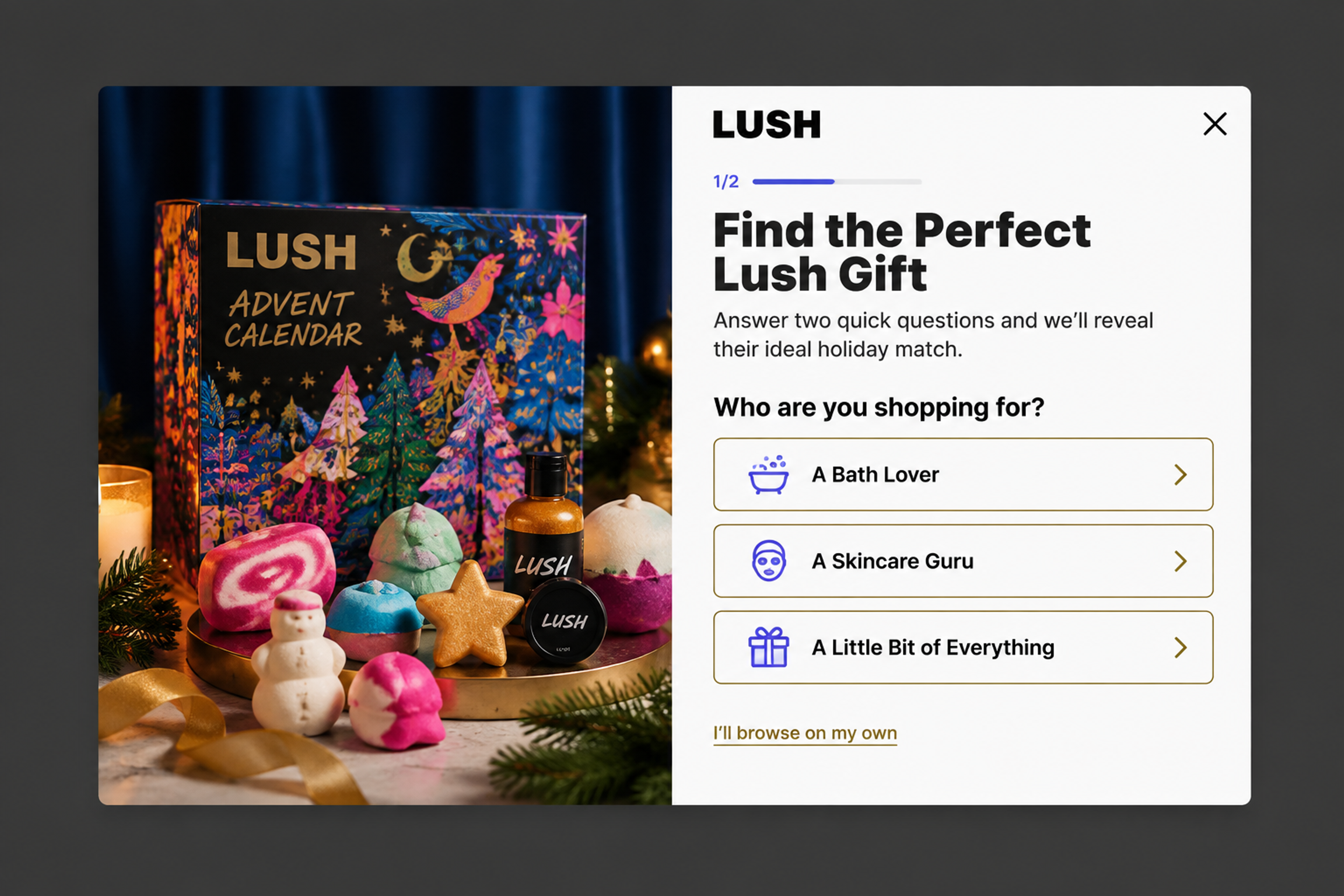 Christmas gift finder quiz popup asking who you are shopping for