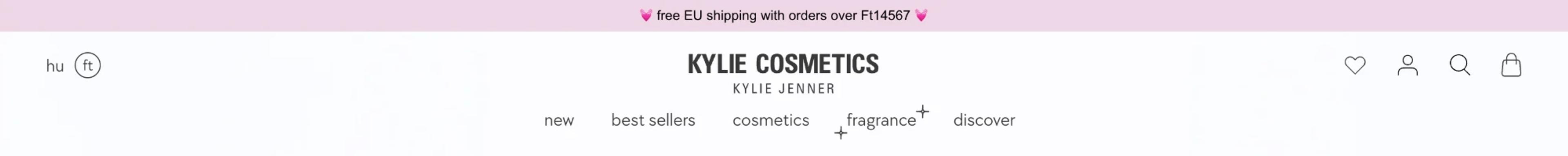 Kylie Cosmetics header in forint with a free EU shipping threshold in the announcement bar