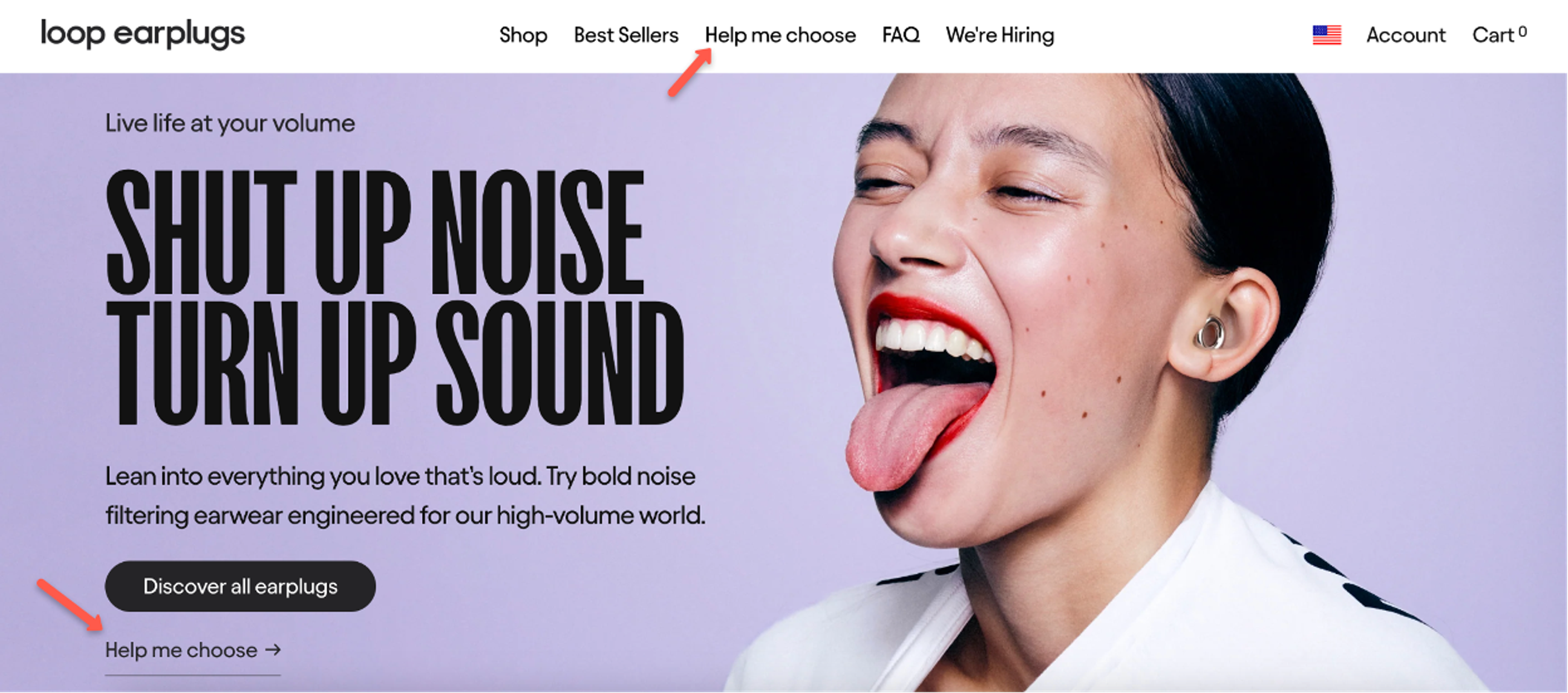Loop Earplugs homepage promoting their quiz as a secondary CTA