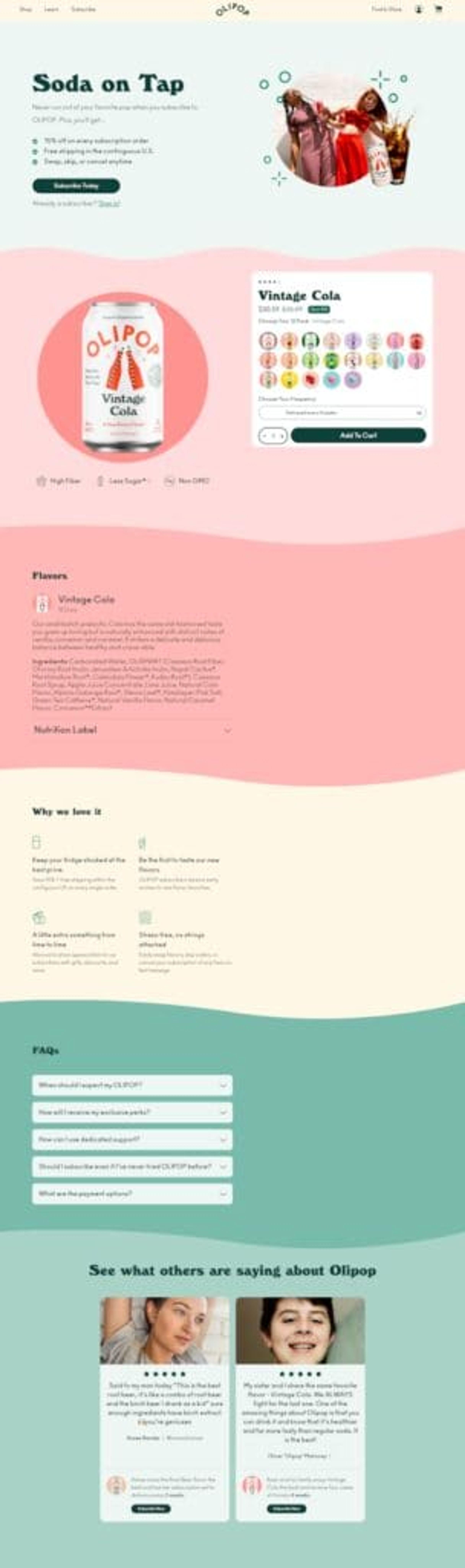 OLIPOP's subscription landing page example show the product's benefits.