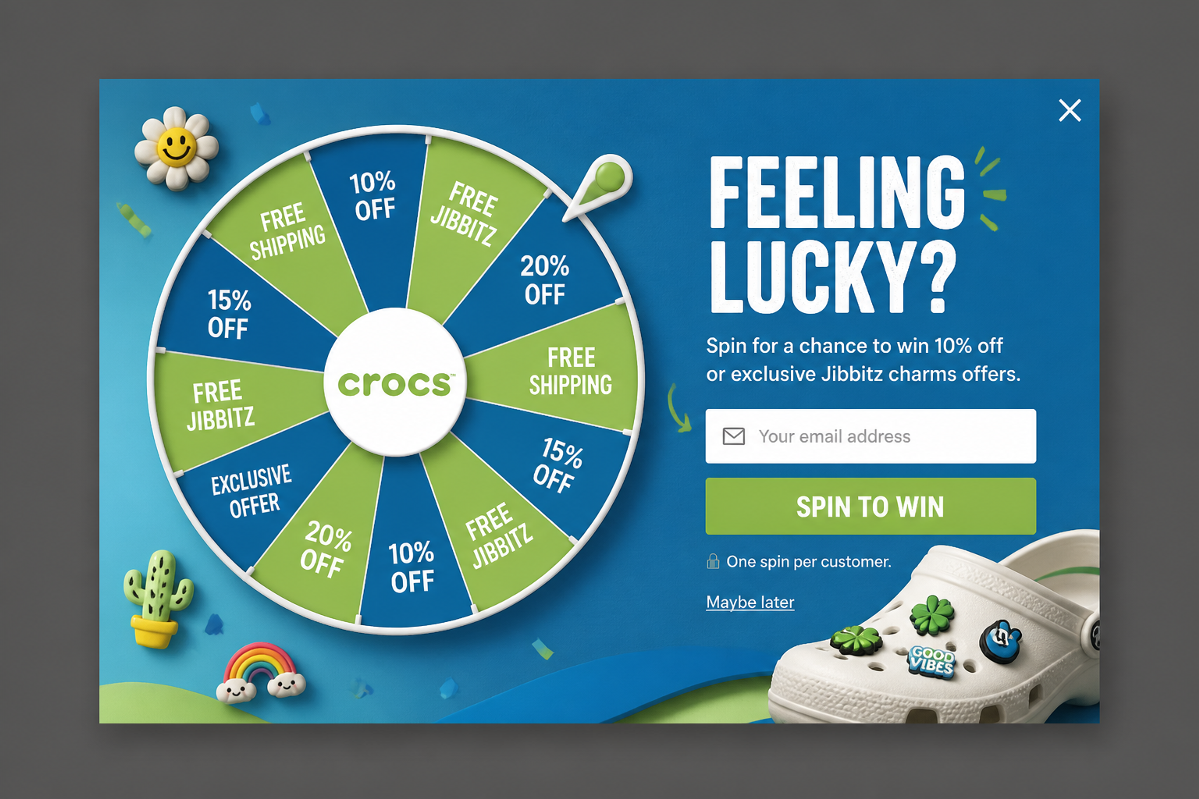 Spin-to-win popup asking "Feeling lucky?" with a blue and green wheel offering 10% off or free charms