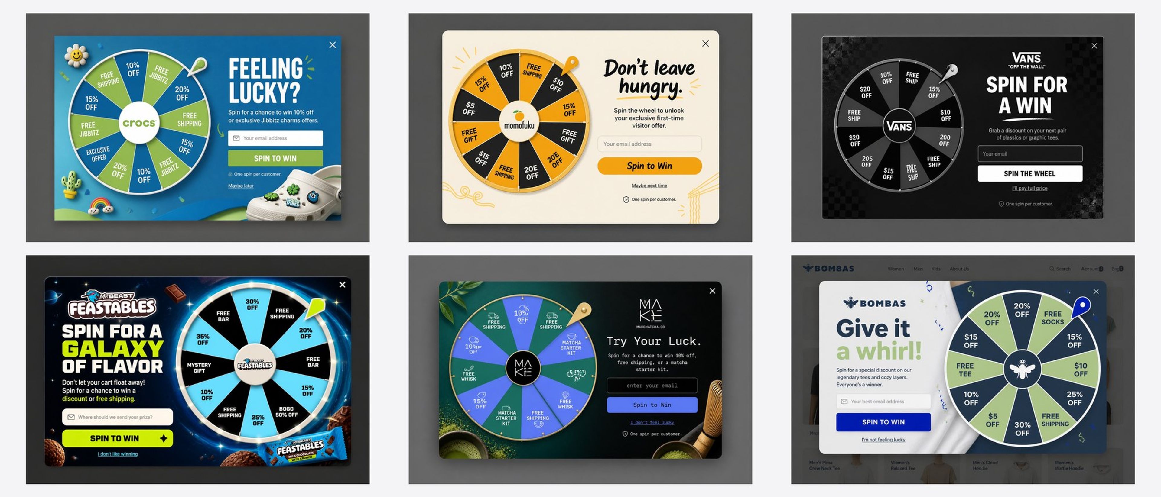 Six spin-to-win popup examples designed for Crocs, Momofuku, Vans, Feastables, Make Matcha and Bombas