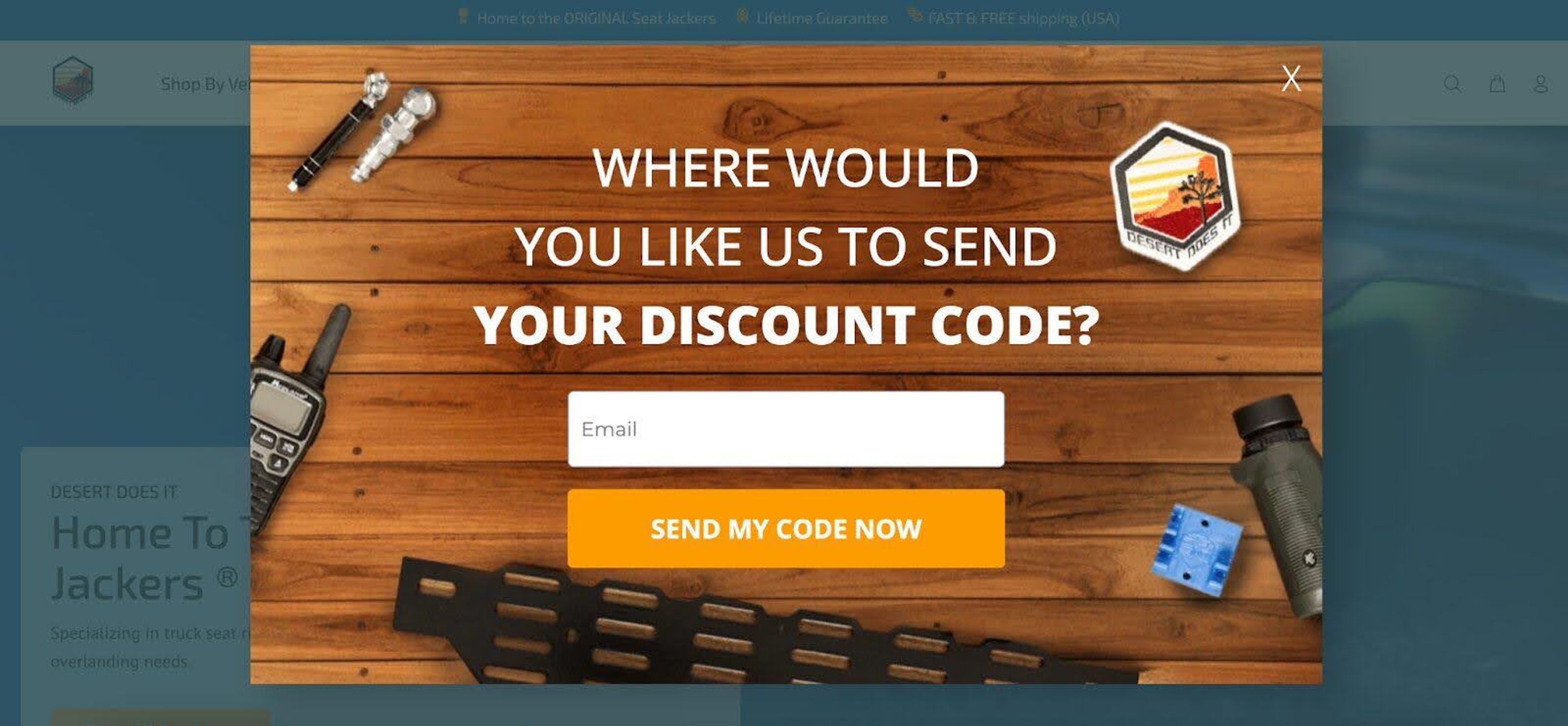 Desert Does It quiz with yes/no questions and a 5% discount, collecting contact details to boost conversions.