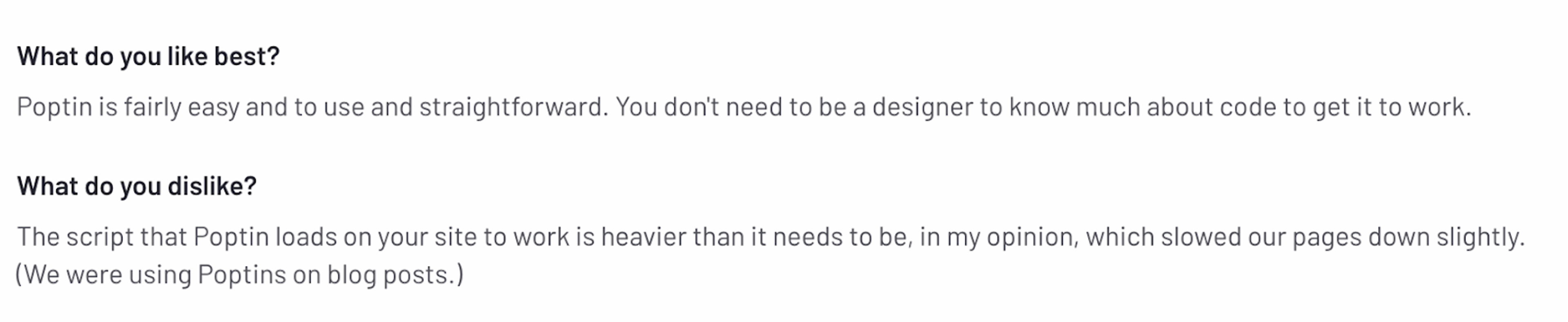 A customer review of Poptin identifying page load time as an issue