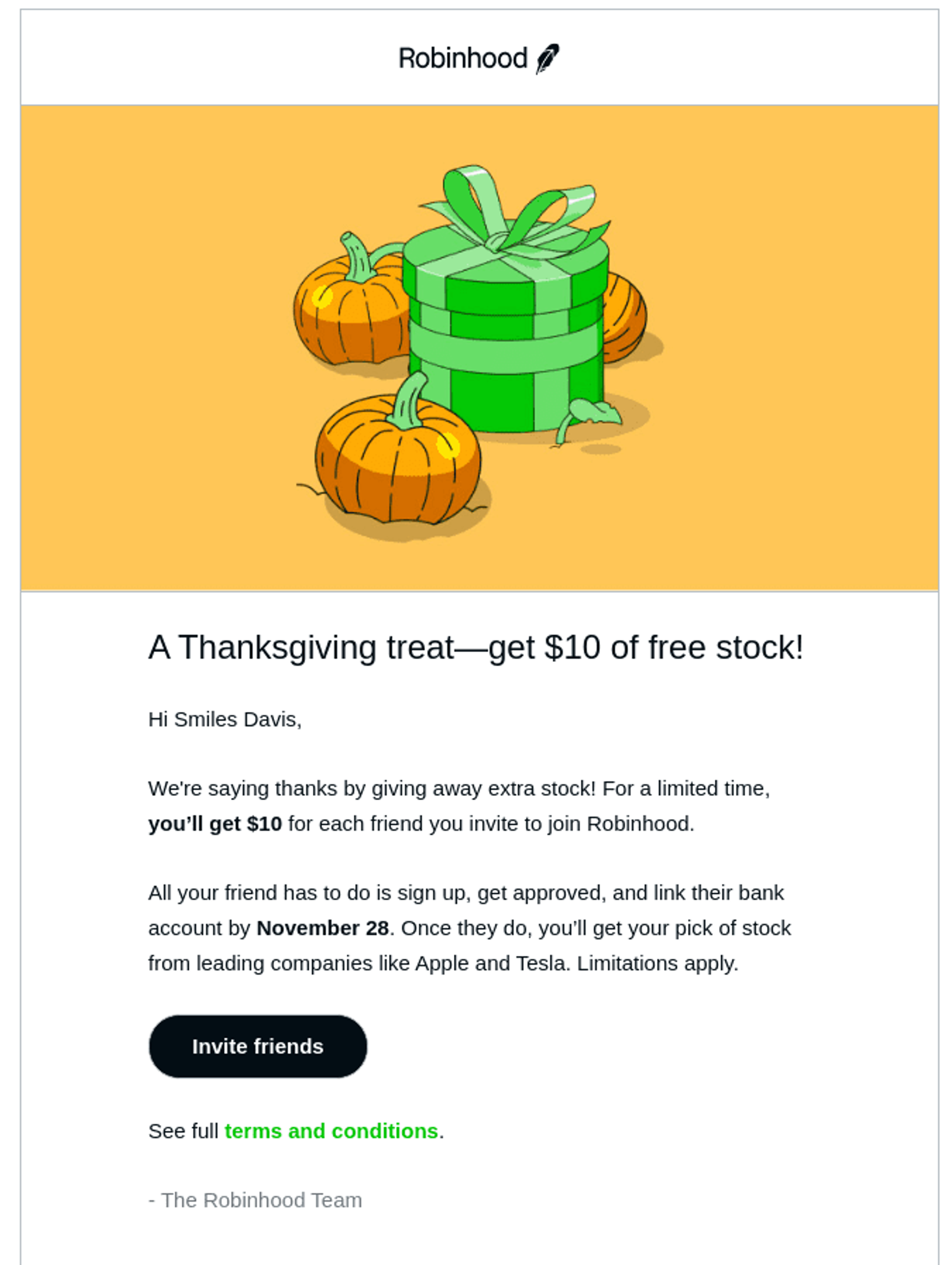 Thanksgiving promotions from Robinhood