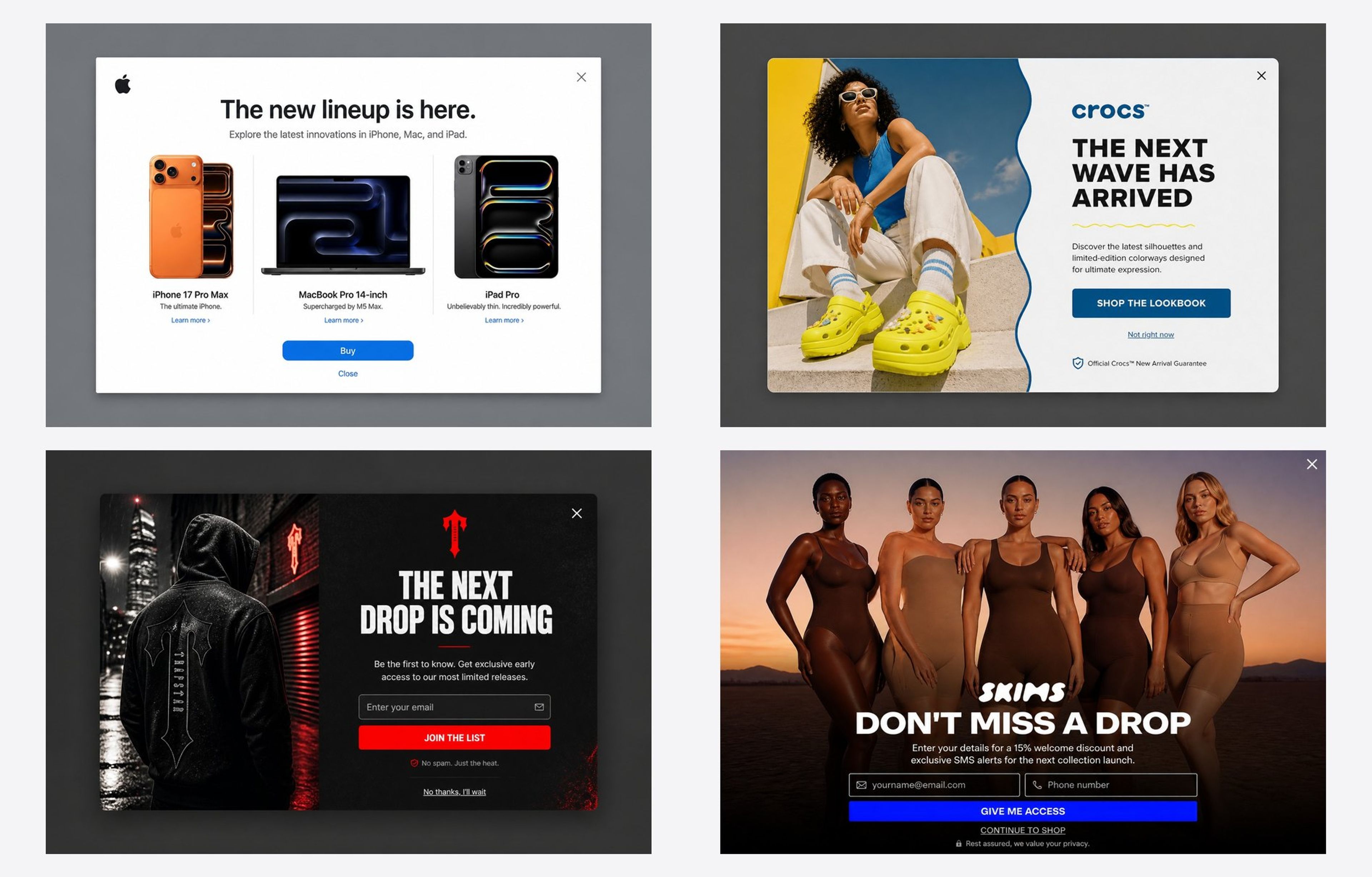 Four popups for returning visitors announcing new arrivals and product drops, designed for Apple, Crocs, Trapstar and SKIMS
