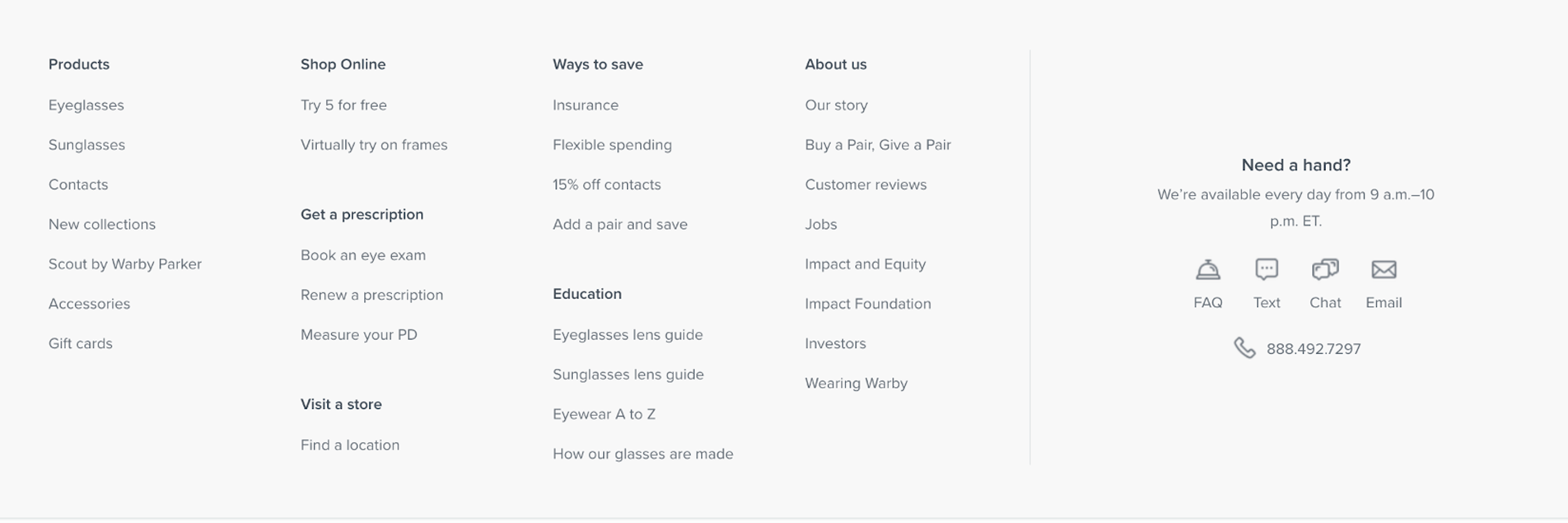 Warby Parker customer service highlighted in footer