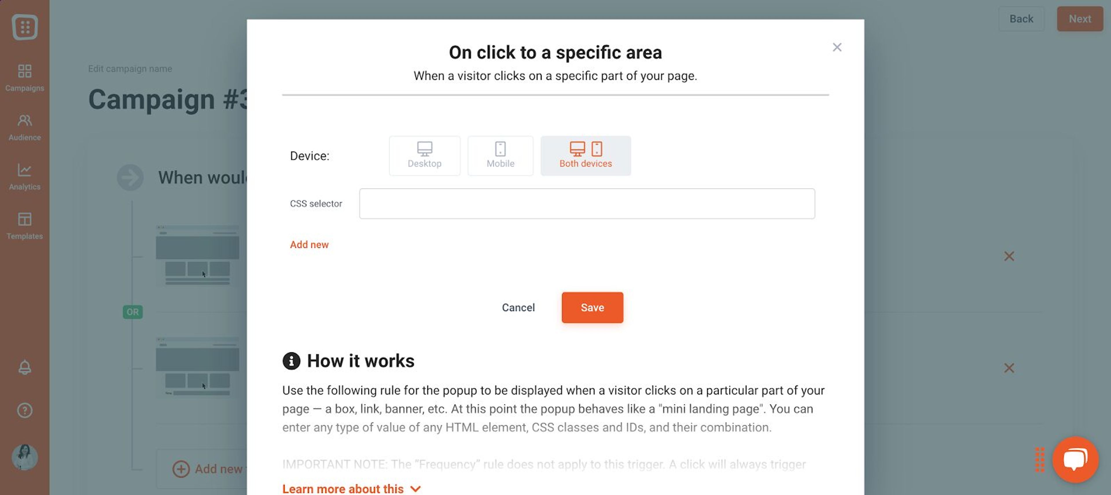 Set the triggering and targeting so the visitor open a popup if they click on the right place.