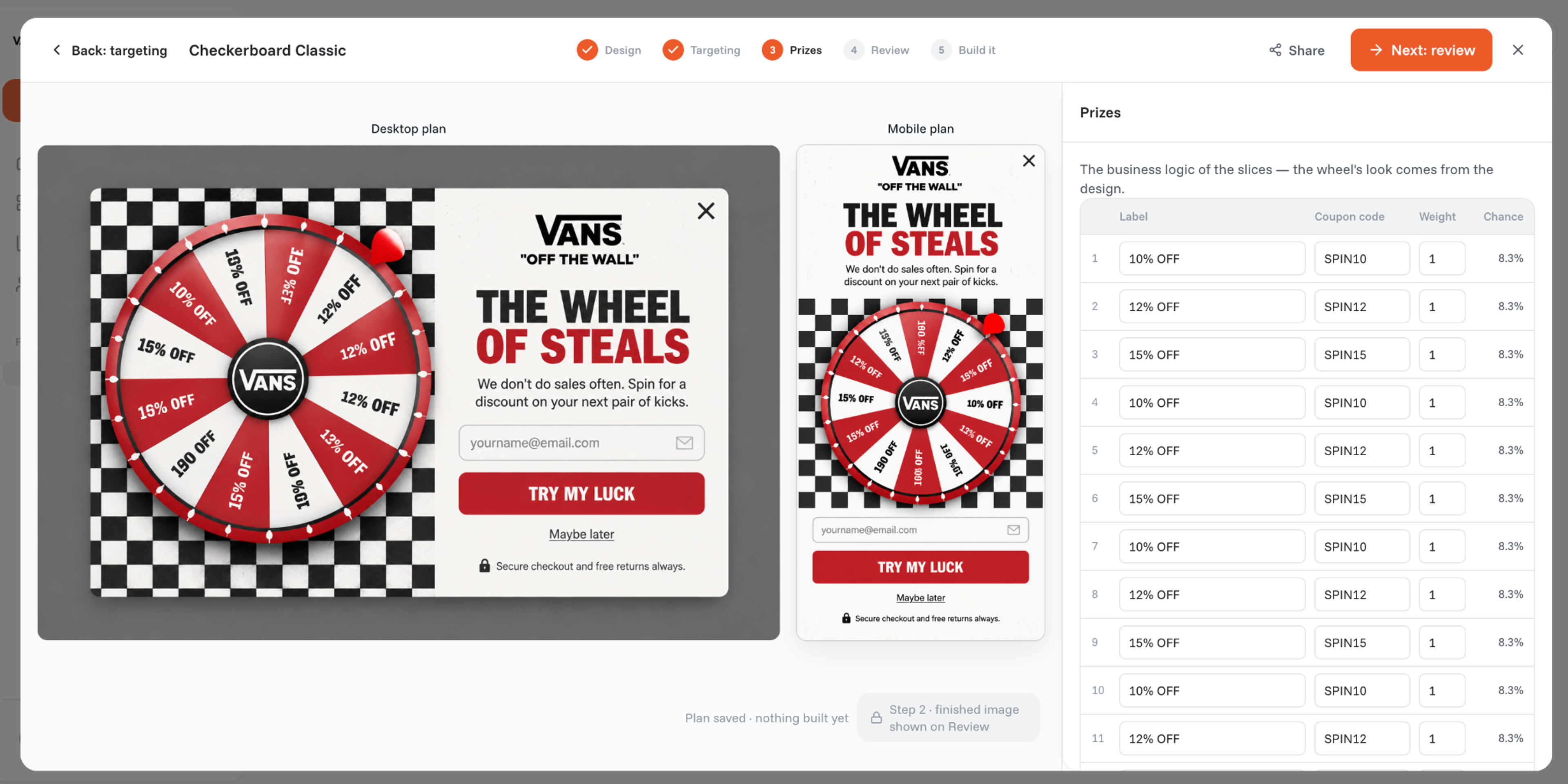 OptiMonk prize table for a Vans lucky wheel with each prize's label, coupon code, weight and chance