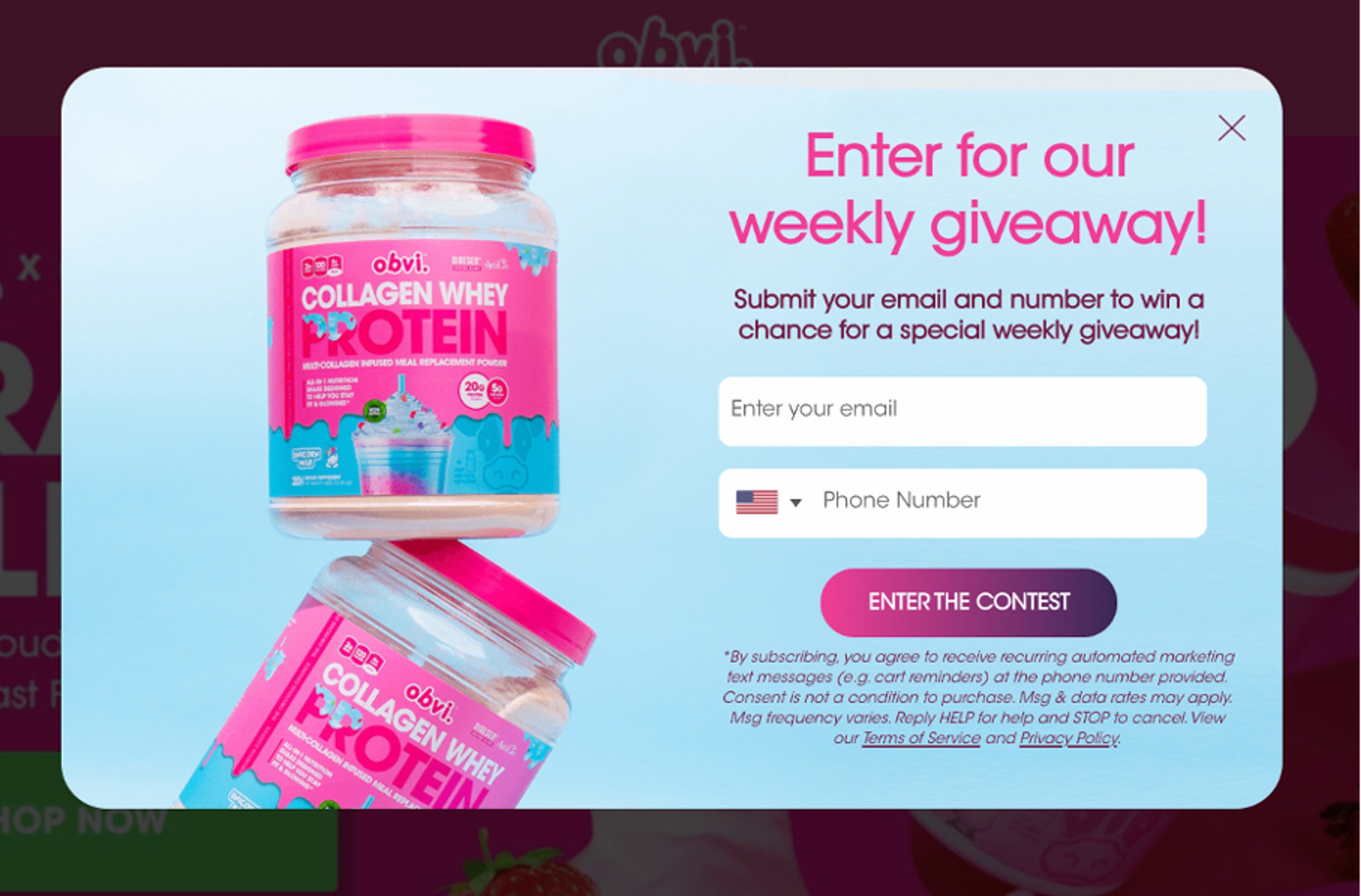 Obvi's way to increase sales is clever: they not ask for emails but also for phone number on their sales promotion popups.