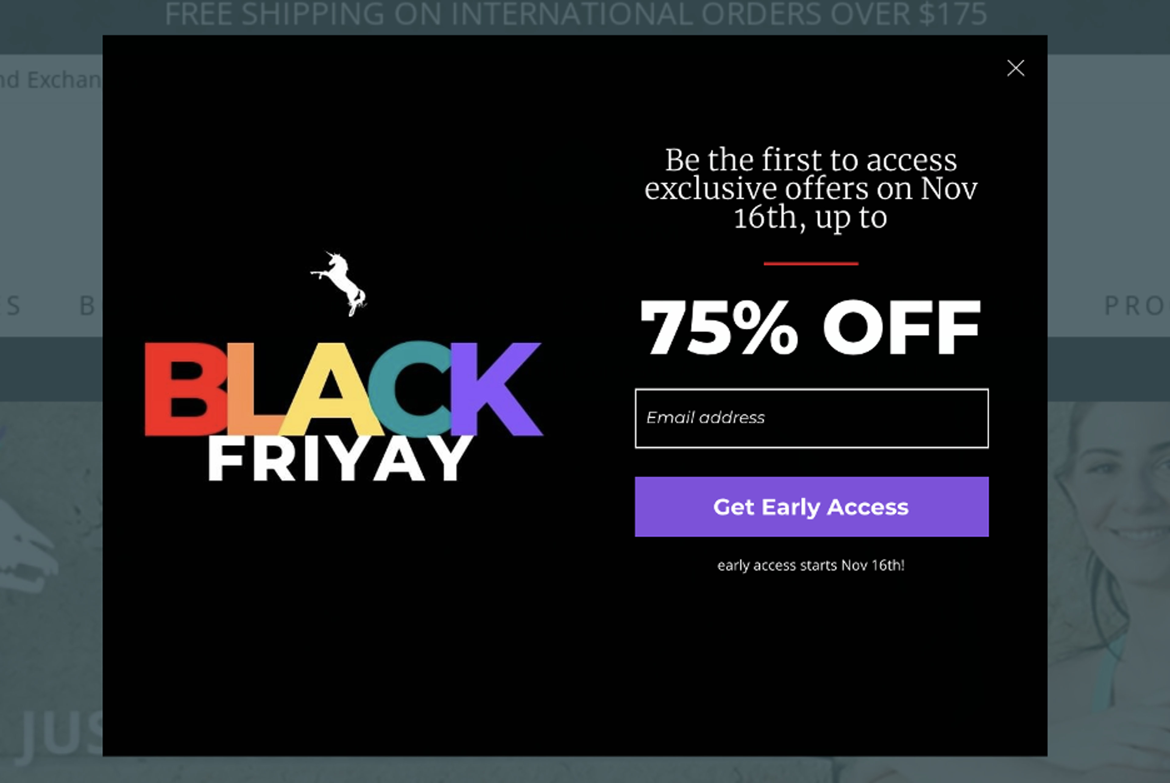 Wodbottom.com’s Black Friday popup example with a an early access CTA button.