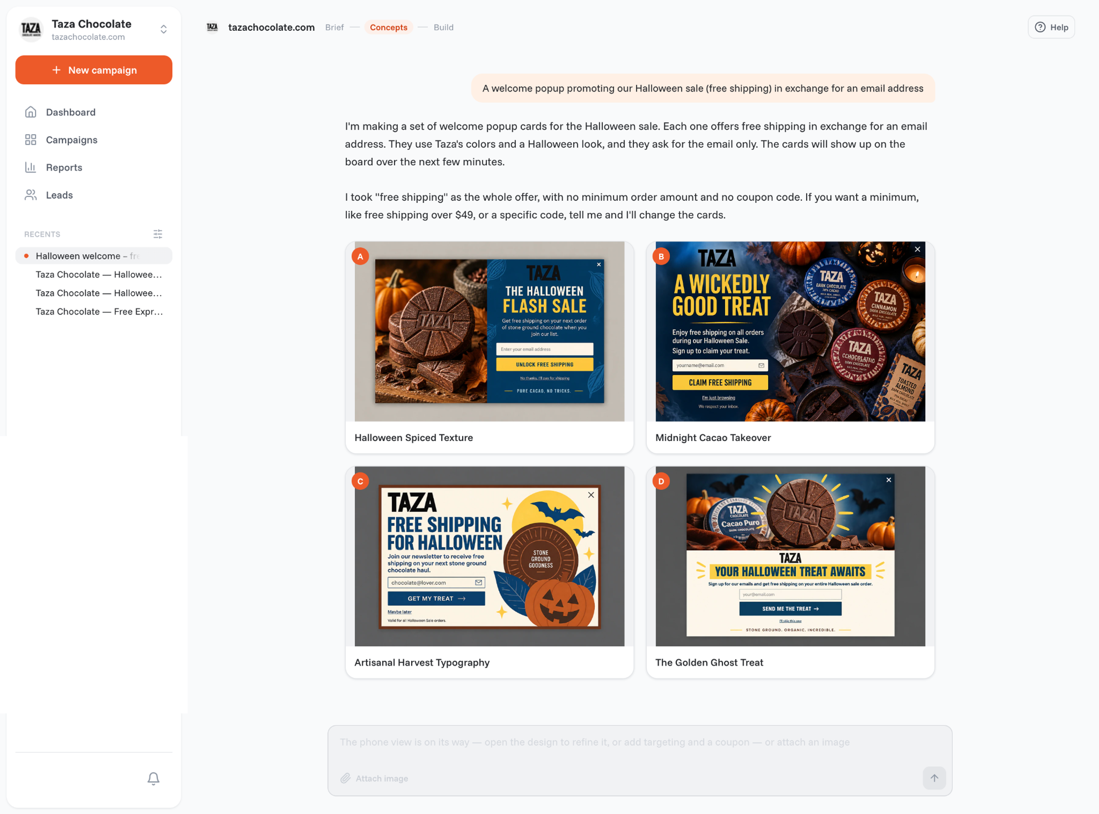 OptiMonk agent chat with four Halloween welcome popup concepts designed for Taza Chocolate, each offering free shipping for an email address