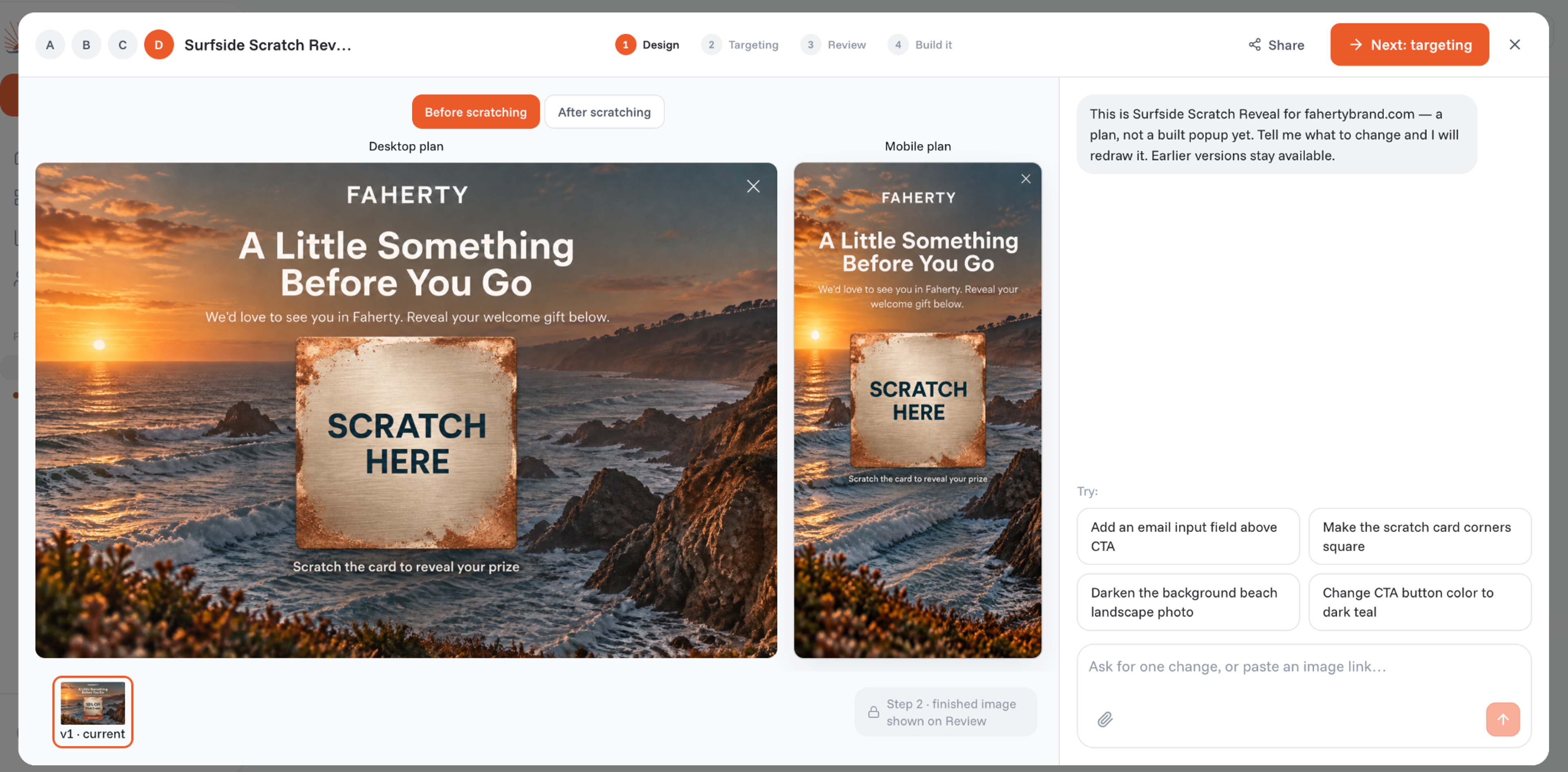 The chosen Faherty scratch card popup in OptiMonk, with the desktop and mobile versions side by side