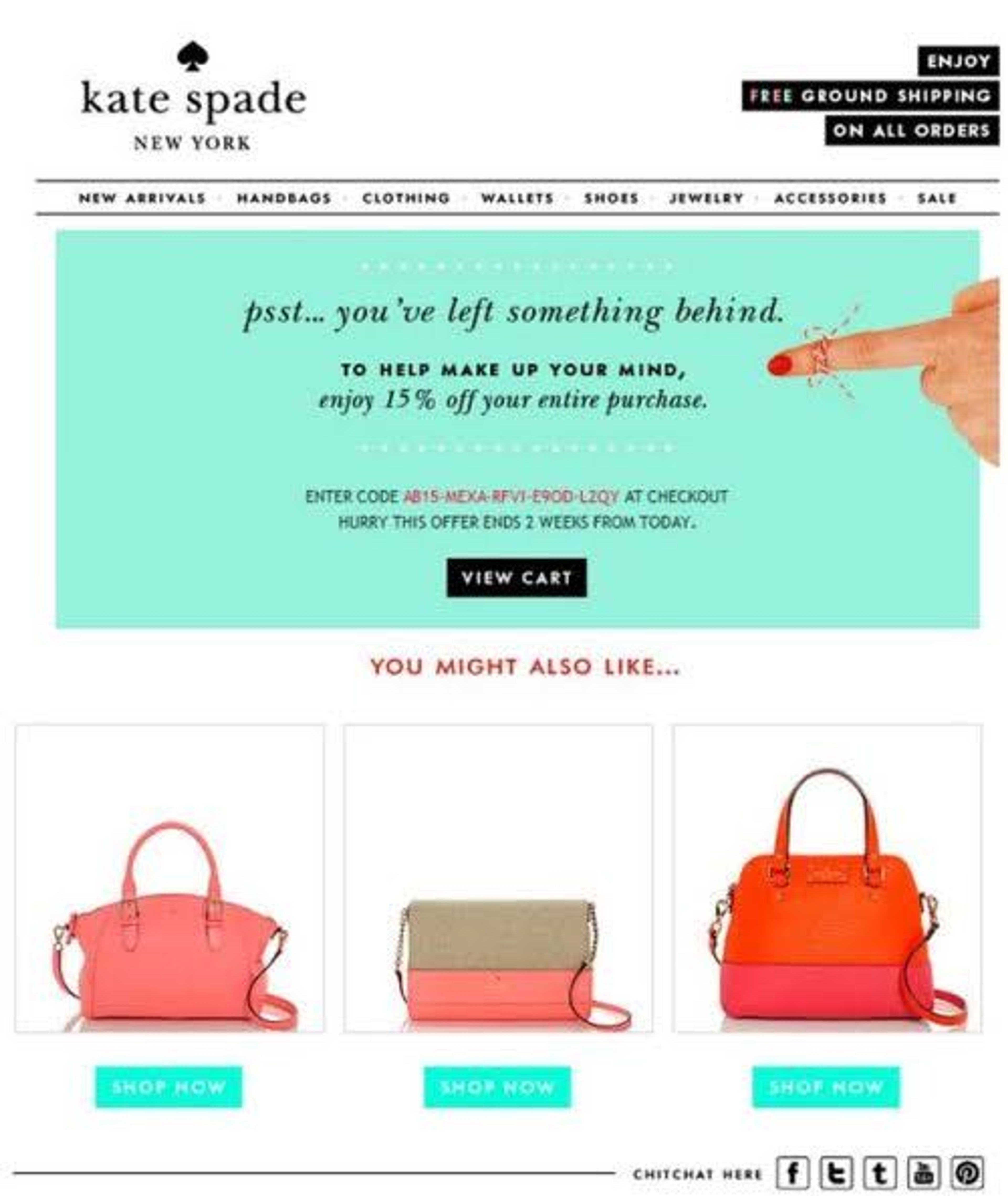 Cart abandonment email marketing example from Kate Spade